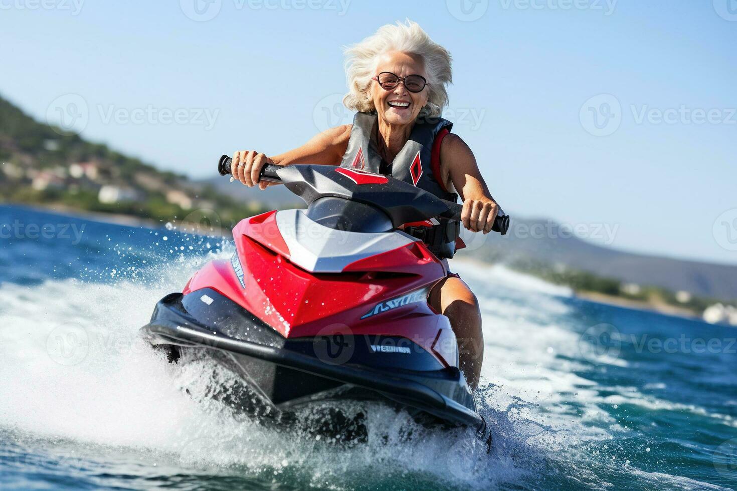 portret van volwassen senior vrouw Aan Jet ski. ai gegenereerd foto