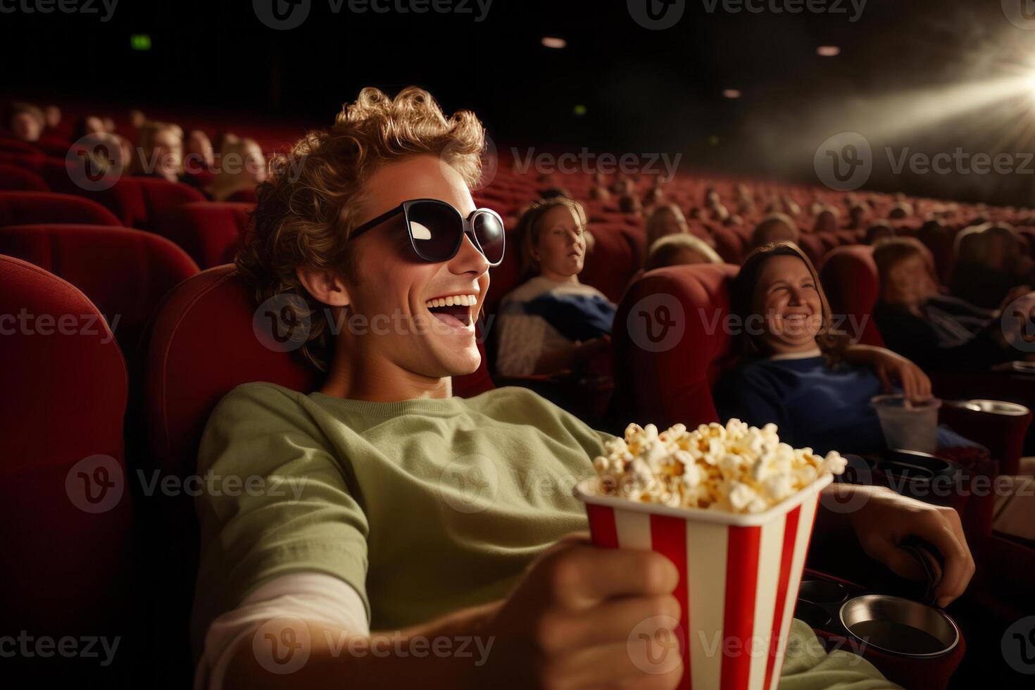 Mens aan het eten popcorn in een film theater, zittend en aan het eten popcorn. ai gegenereerd foto