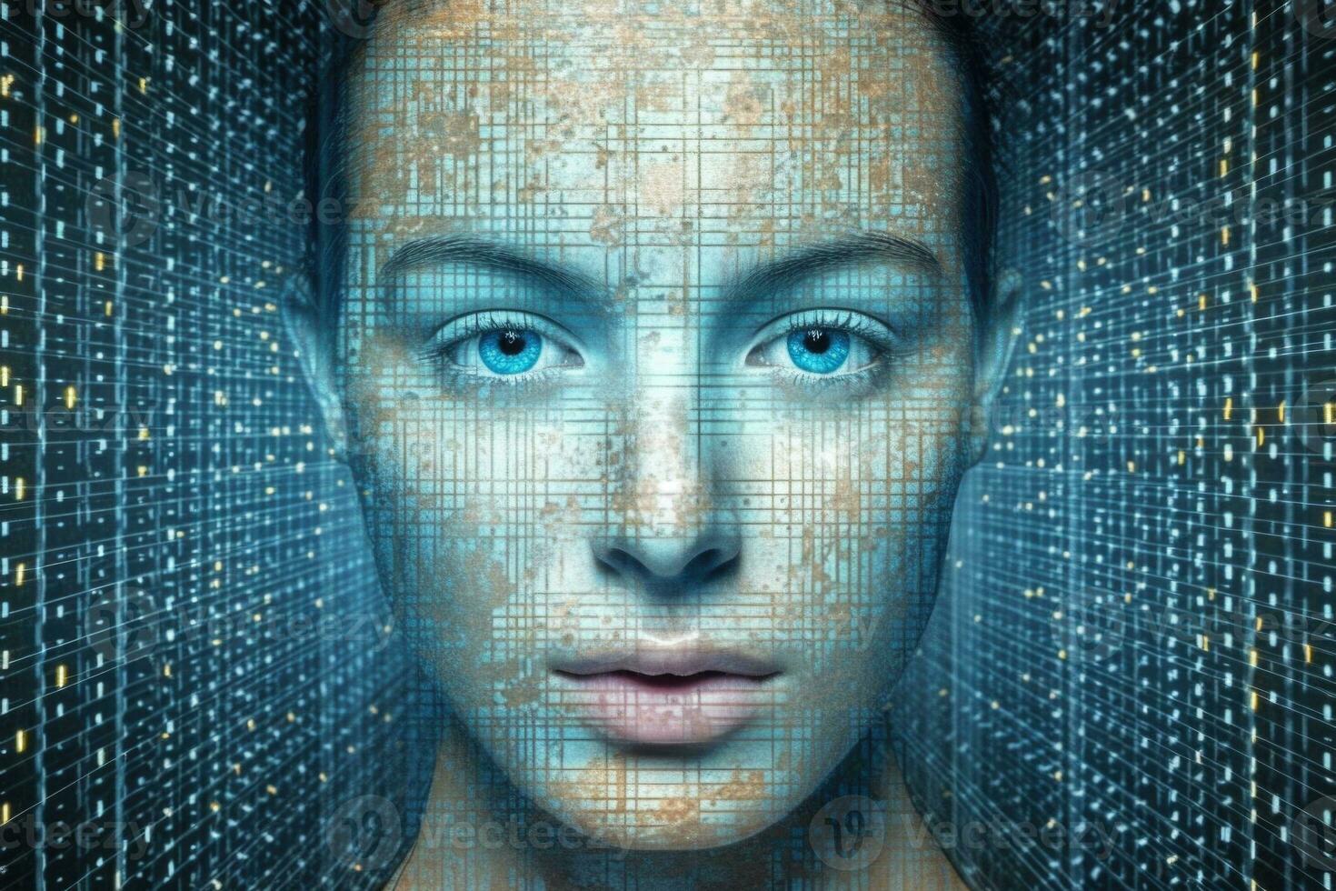 digitaal vrouw gezicht hologram Aan futuristische achtergrond. generatief ai foto