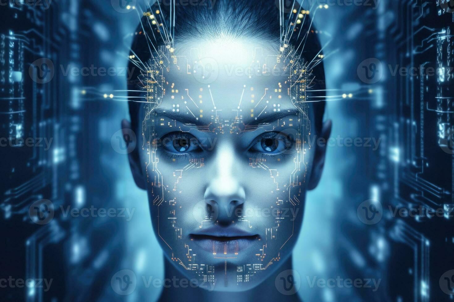digitaal vrouw gezicht hologram Aan futuristische achtergrond. generatief ai foto