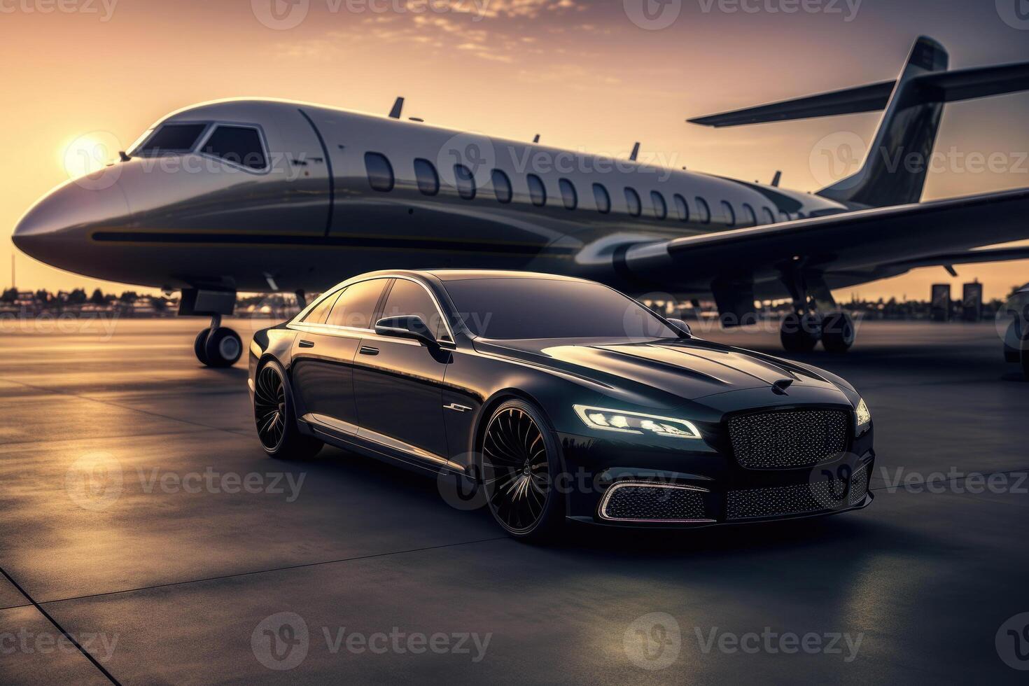 privaat Jet en luxe auto in luchthaven. generatief ai foto