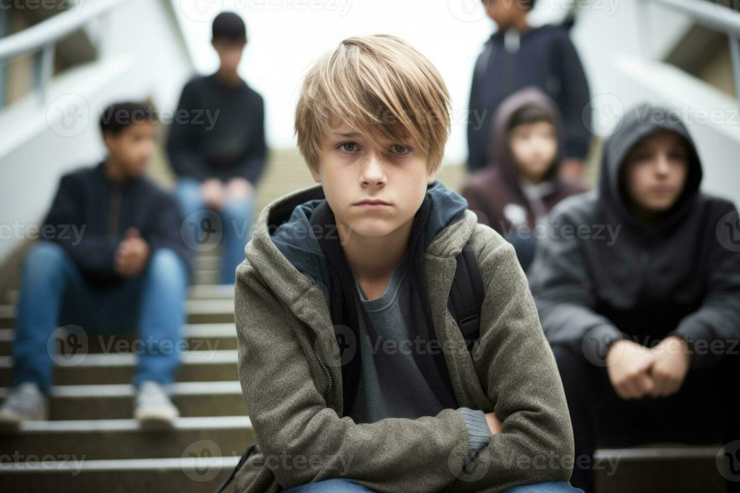 school- jongen zittend alleen Bij trap. slachtoffer van school- pesten. generatief ai foto
