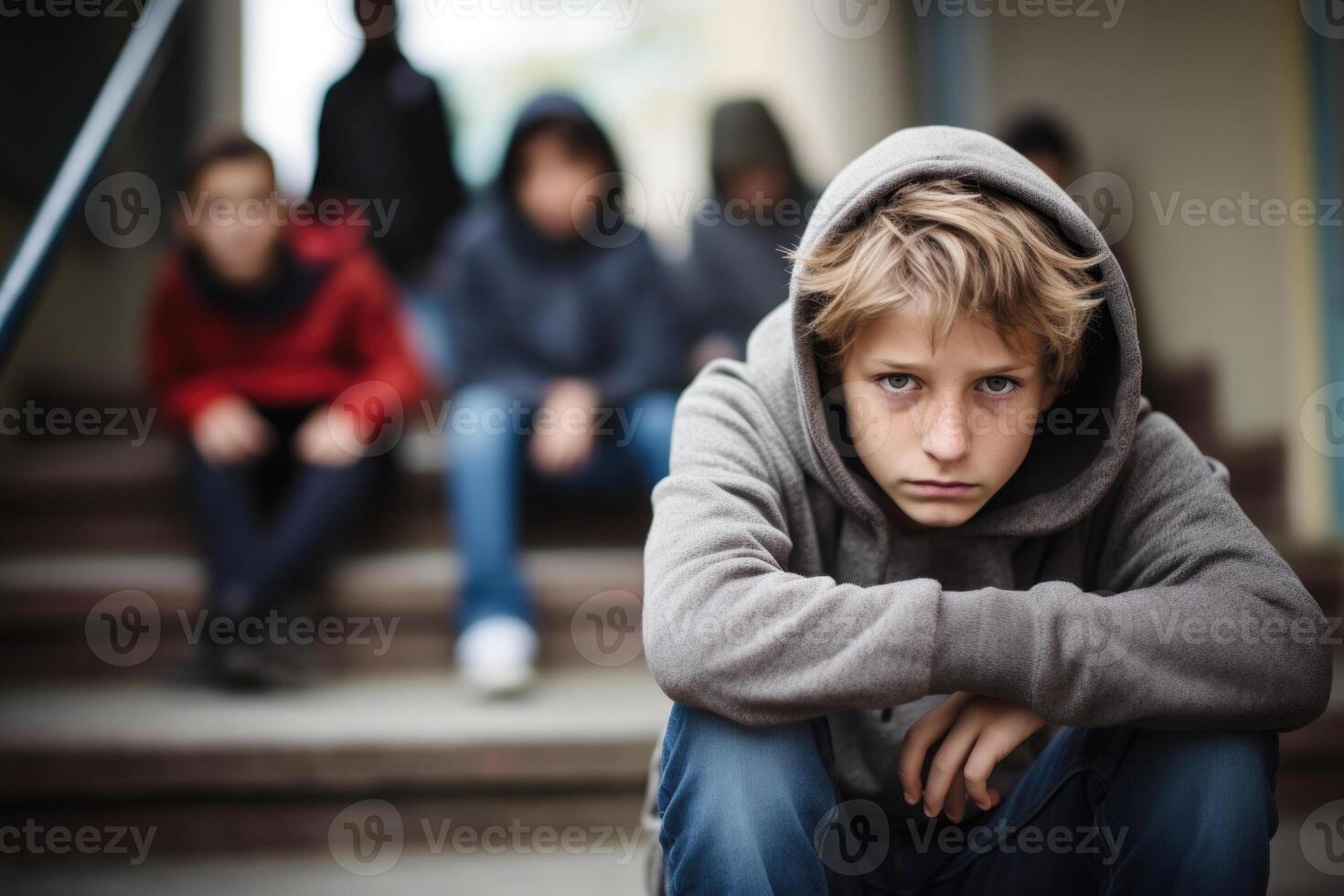 school- jongen zittend alleen Bij trap. slachtoffer van school- pesten. generatief ai foto