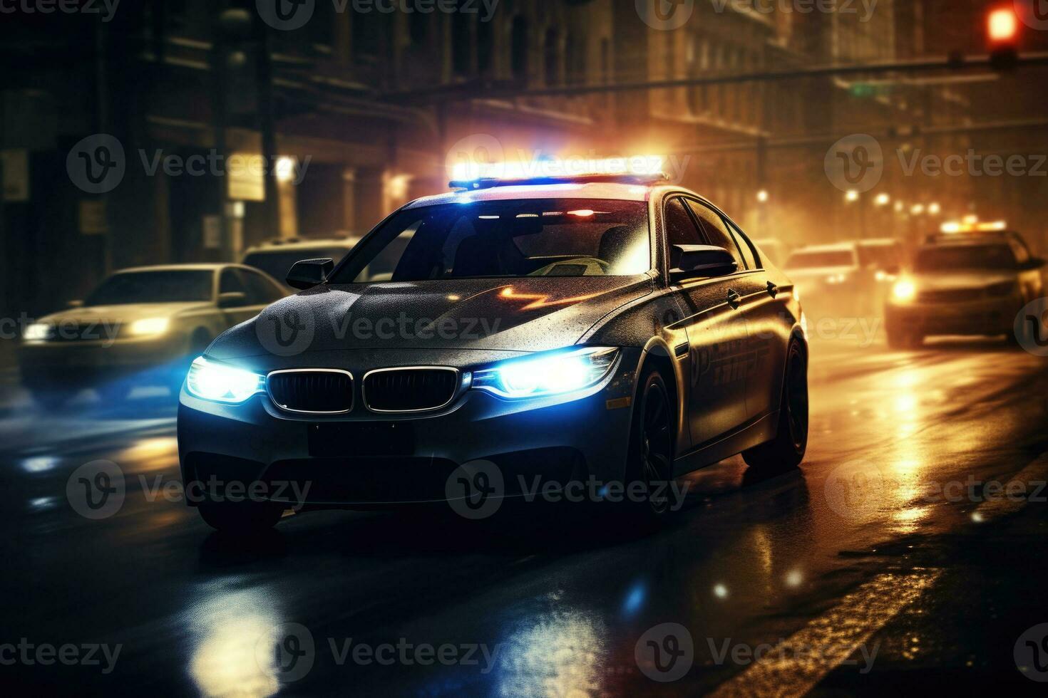 Politie auto met knipperlicht lichten Bij nacht straat. generatief ai foto