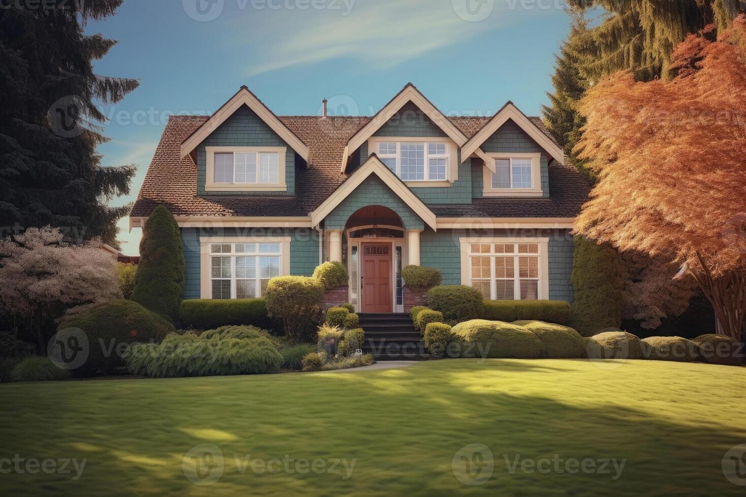 traditioneel Amerikaans huis facade in voorstad. generatief ai foto