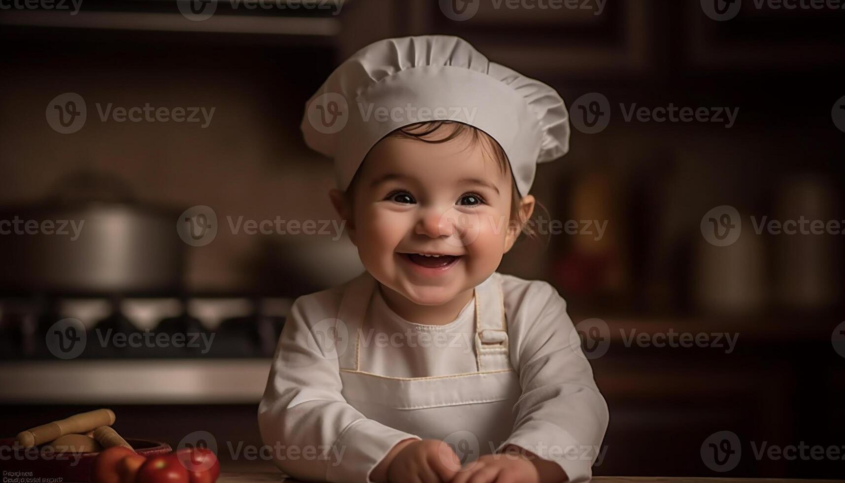 schattig chef jongen glimlacht terwijl Koken gezond maaltijd gegenereerd door ai foto