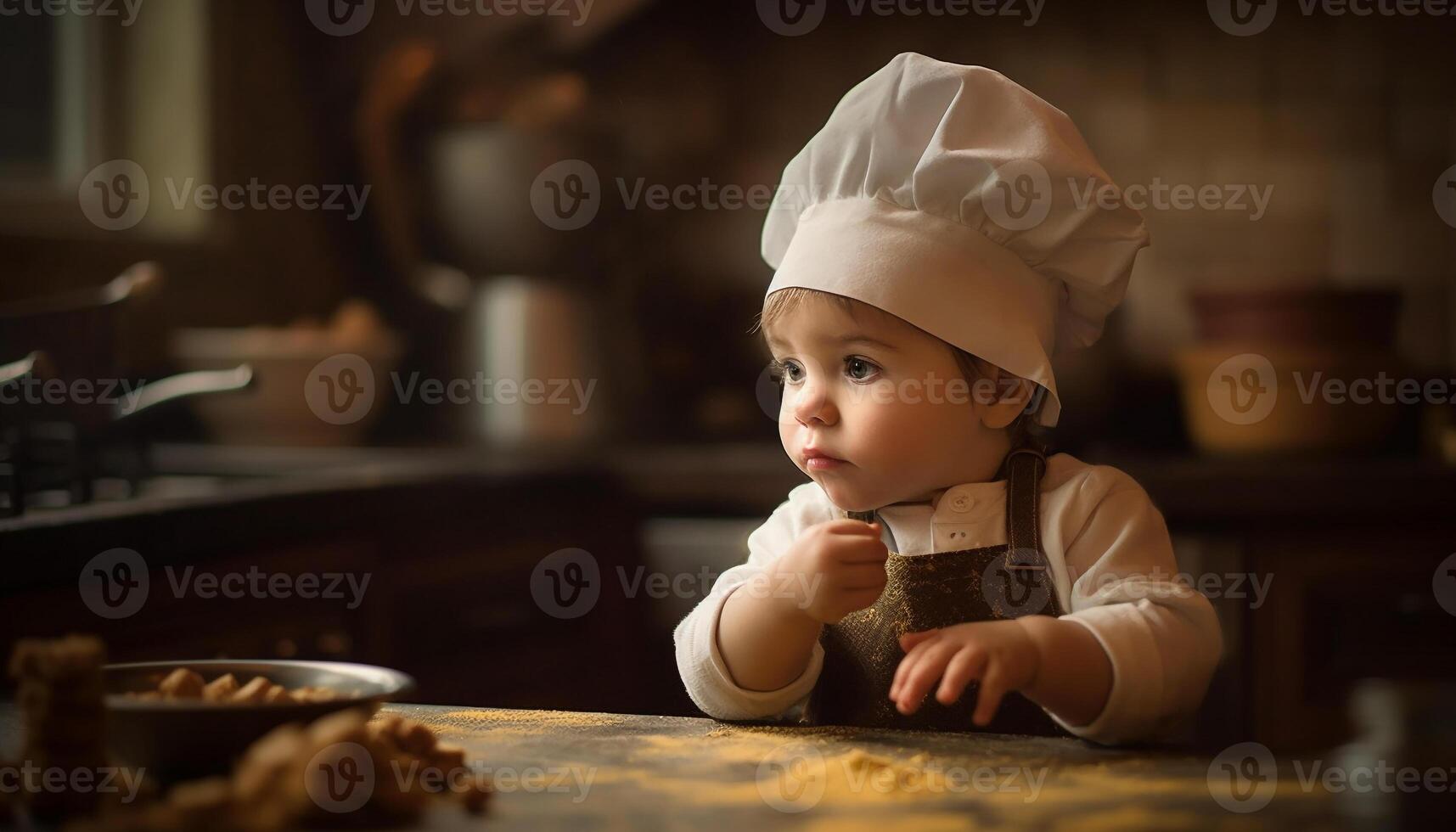 schattig Kaukasisch kind chef bakken koekjes binnenshuis gegenereerd door ai foto