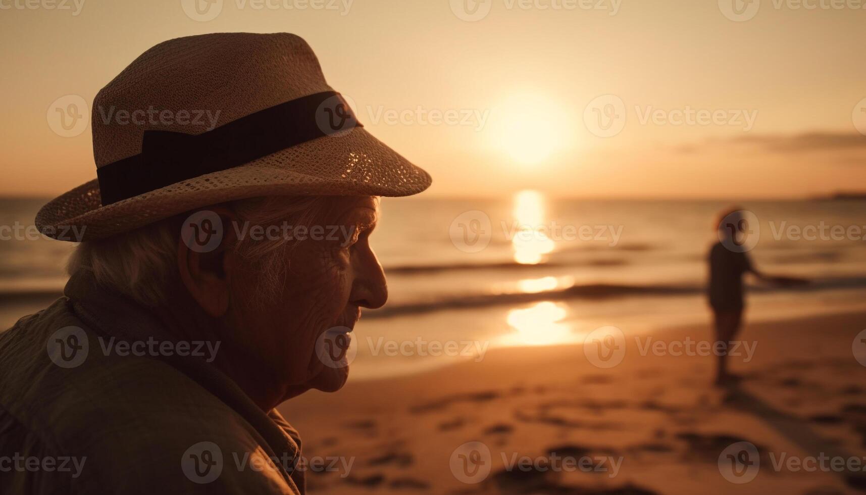 senior mannen lachend, genieten van pensioen Aan strand gegenereerd door ai foto