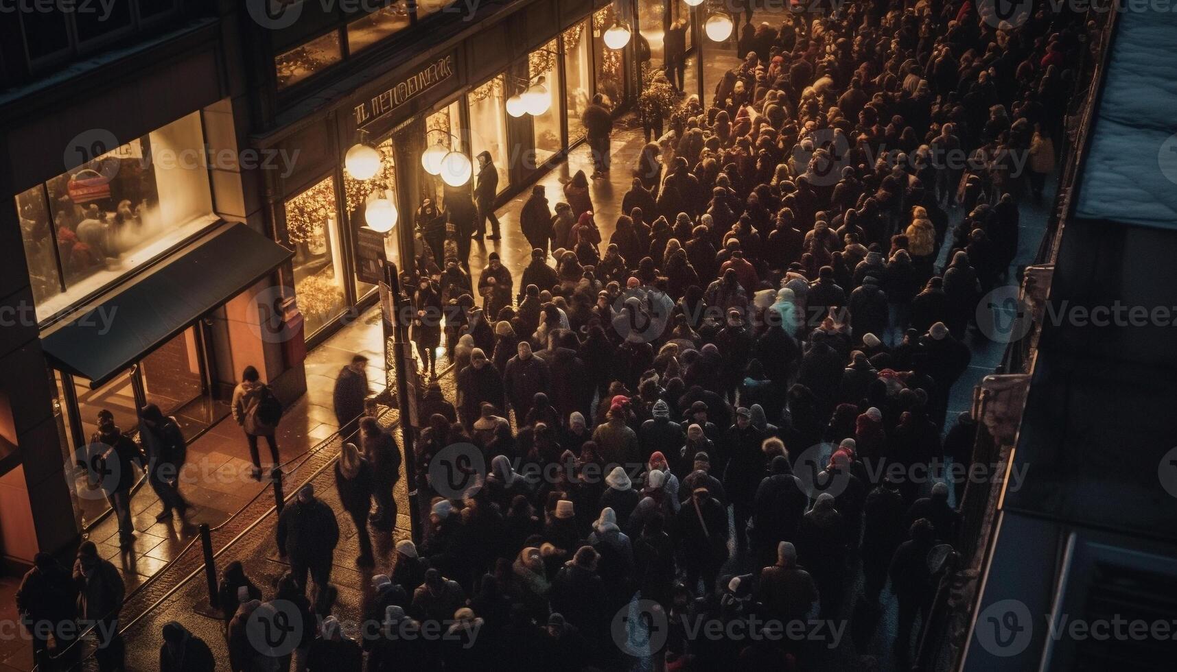 groot groep wandelen door druk stad straten Bij nacht gegenereerd door ai foto