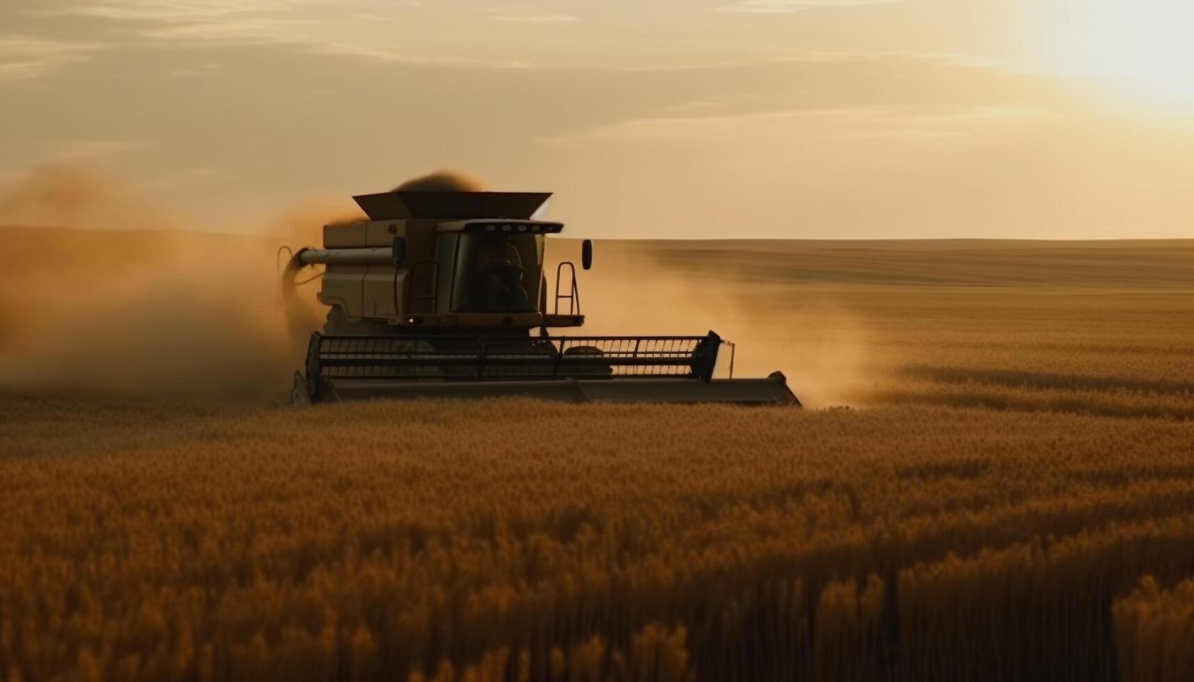 rijp tarwe geoogst Bij zonsondergang met machinerie gegenereerd door ai foto