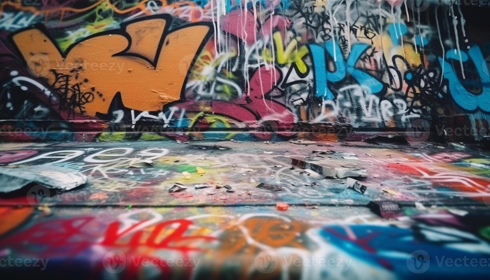 levendig kleuren verstuiven graffiti Aan stad muren gegenereerd door ai foto