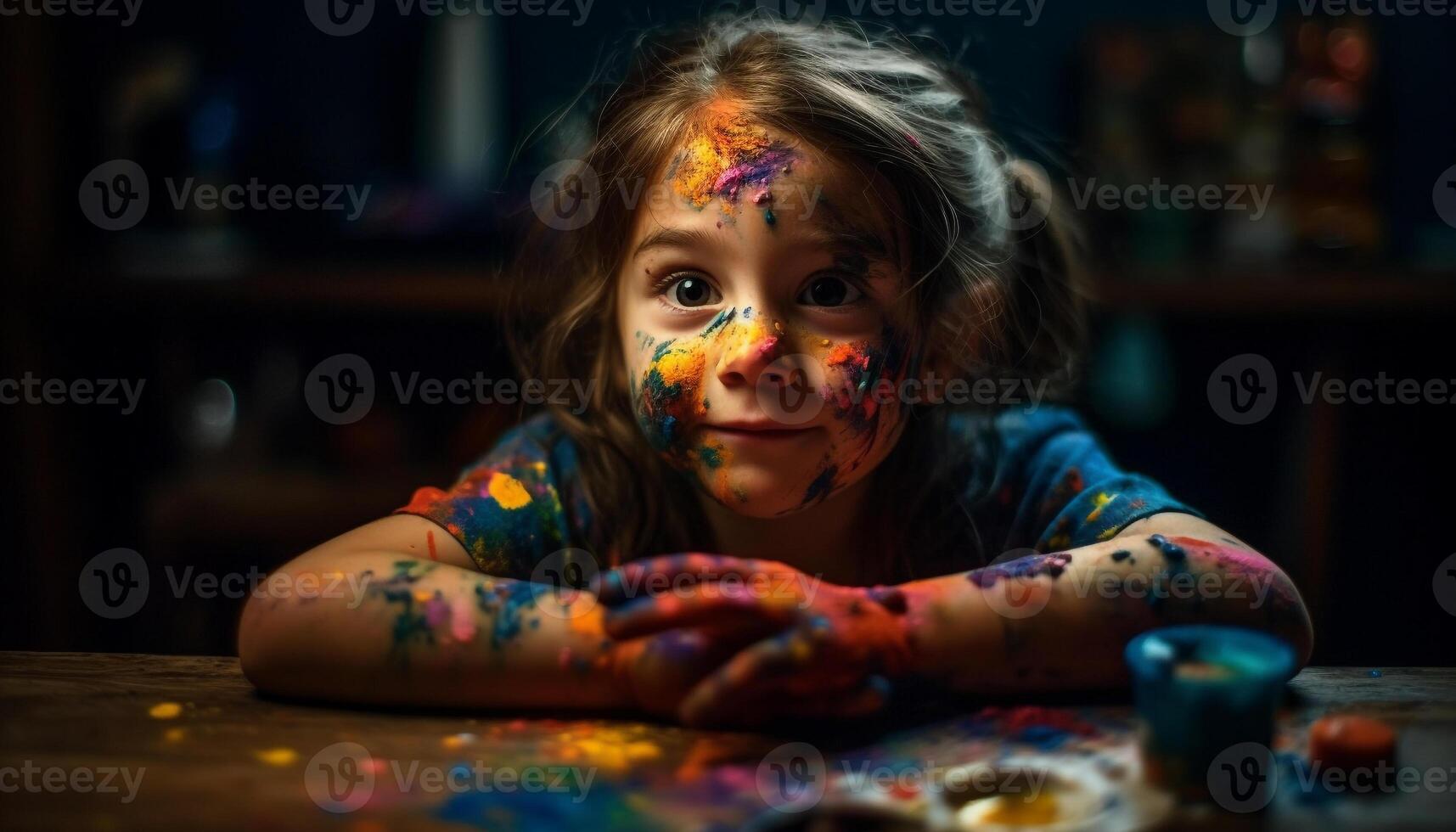 schattig Kaukasisch meisje schilderij rommelig portret binnenshuis gegenereerd door ai foto