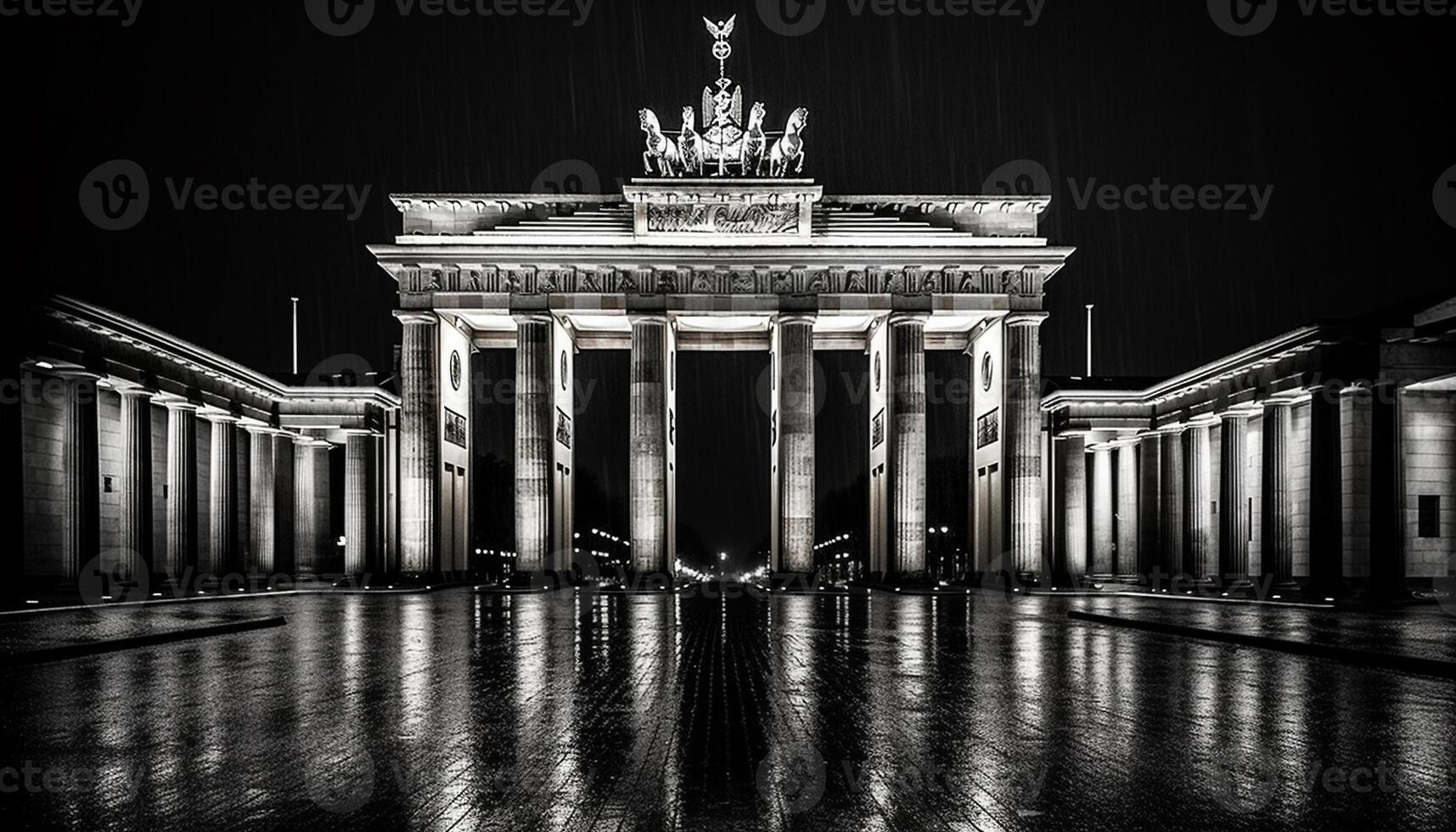 verlichte neo klassiek monument weerspiegelt Aan water Bij schemer gegenereerd door ai foto