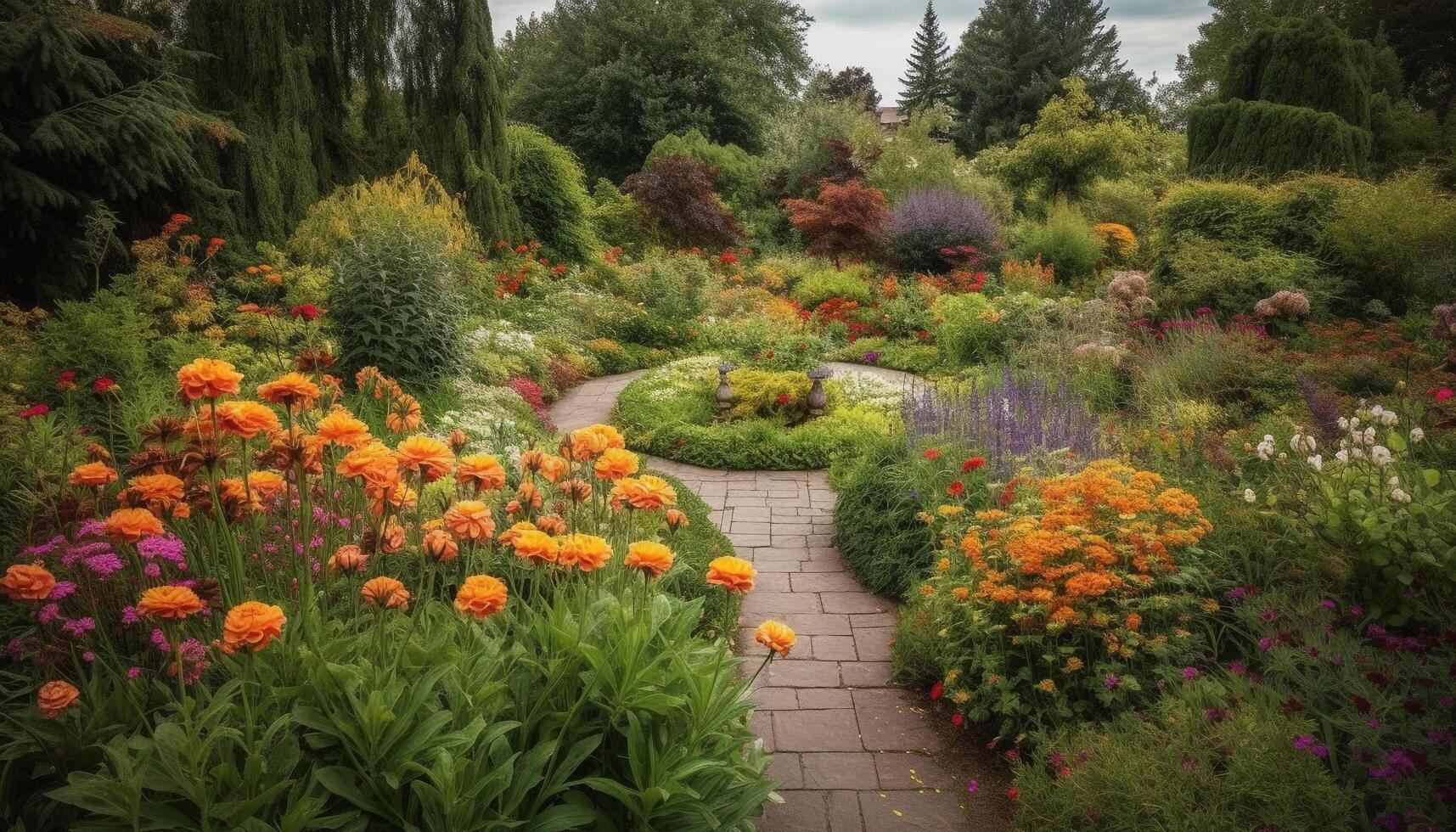 levendig tulp bloesems versieren formeel tuin pad gegenereerd door ai foto