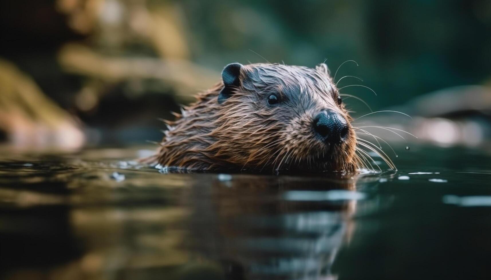 nat bever zwemmen in rustig vijver reflectie gegenereerd door ai foto