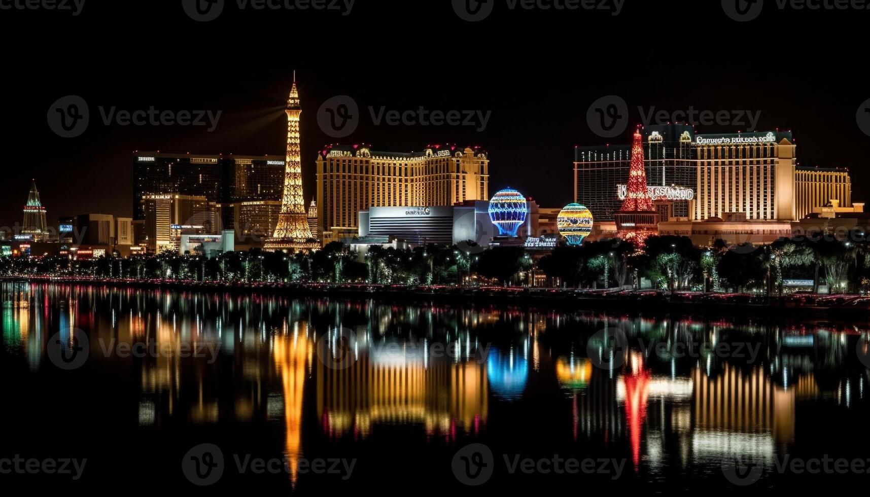 verlichte casino Aan de strip weerspiegelt stad horizon Bij schemer gegenereerd door ai foto