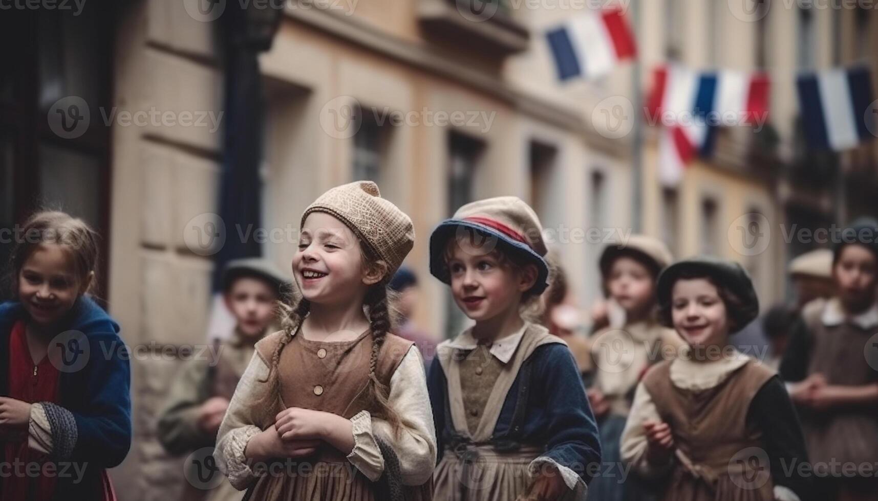 glimlachen kinderen in traditioneel kleding genieten optocht gegenereerd door ai foto