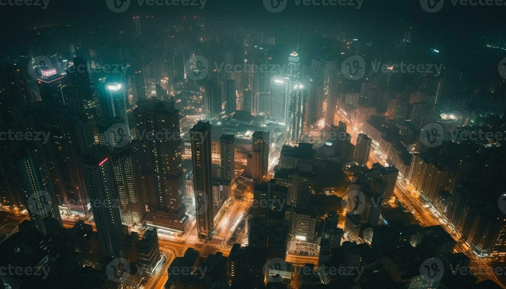 gloeiend wolkenkrabbers verlichten de druk stad nachtleven gegenereerd door ai foto