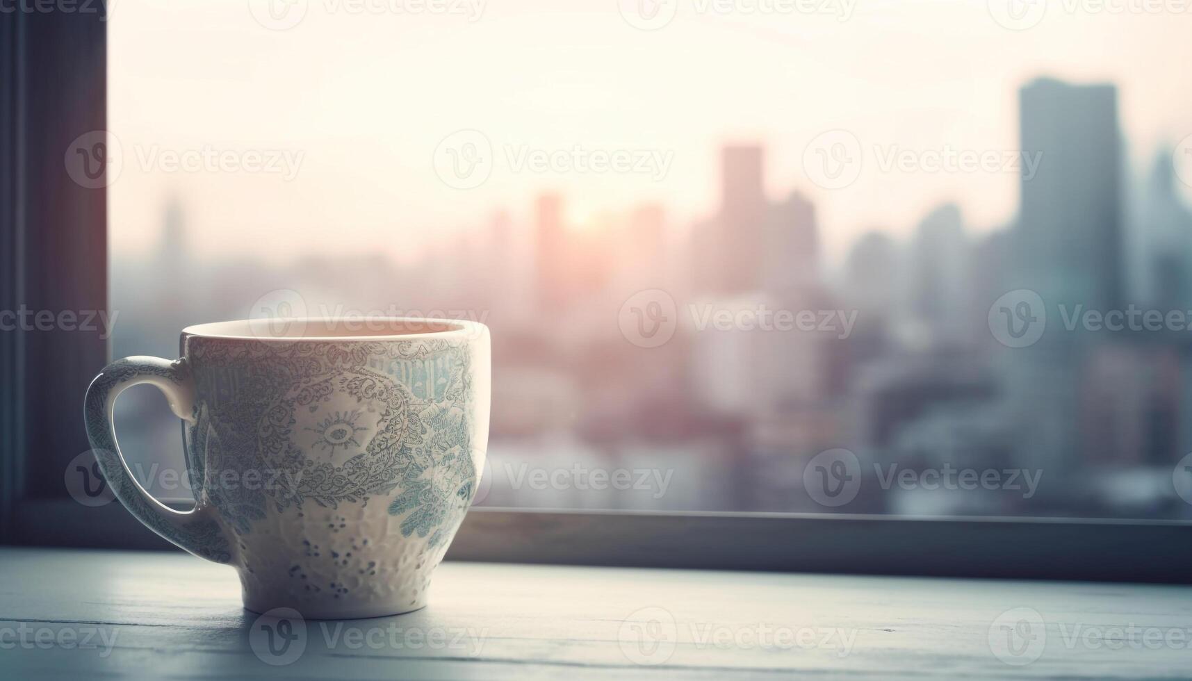 koffie kop Aan houten bureau door venster met uitzicht stad horizon gegenereerd door ai foto