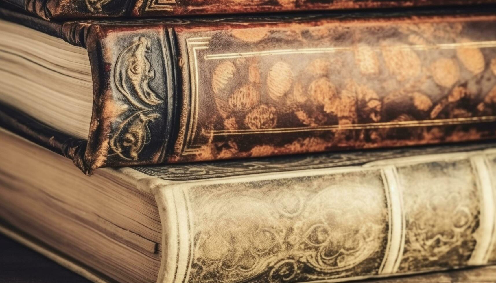 antiek leer boek Hoes Aan oud boekenplank, vol van wijsheid gegenereerd door ai foto