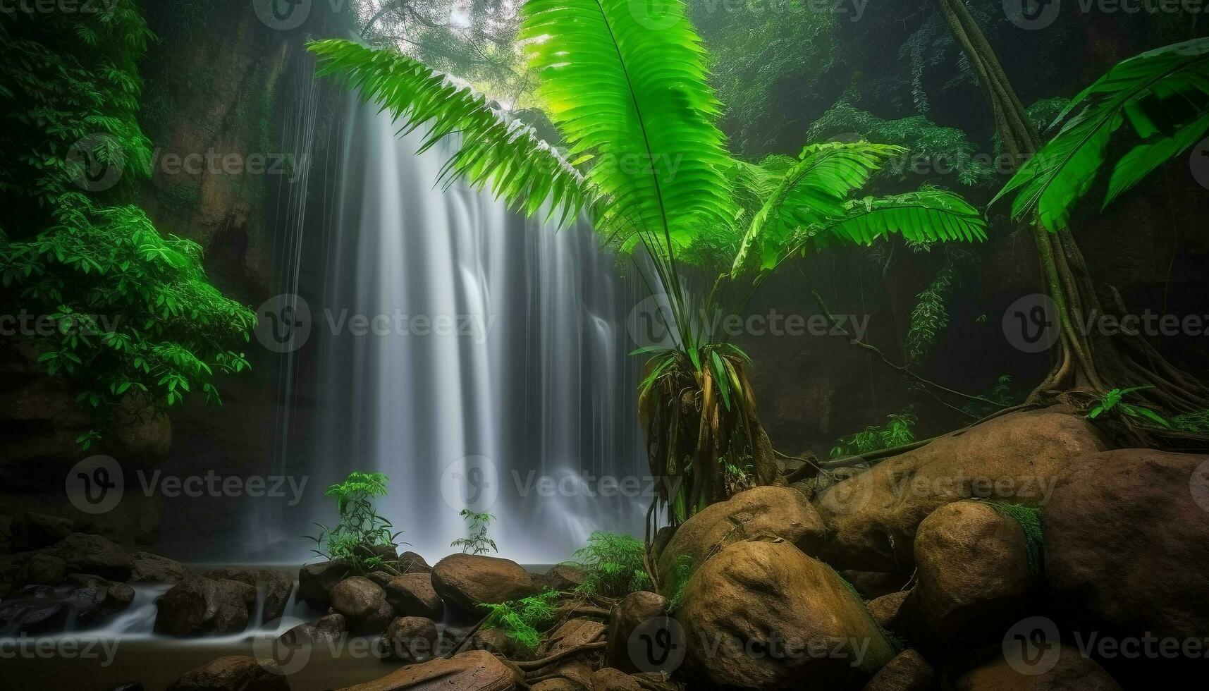 tropisch regenwoud, blauw vijver, palm boom, rustig tafereel, avontuur gegenereerd door ai foto