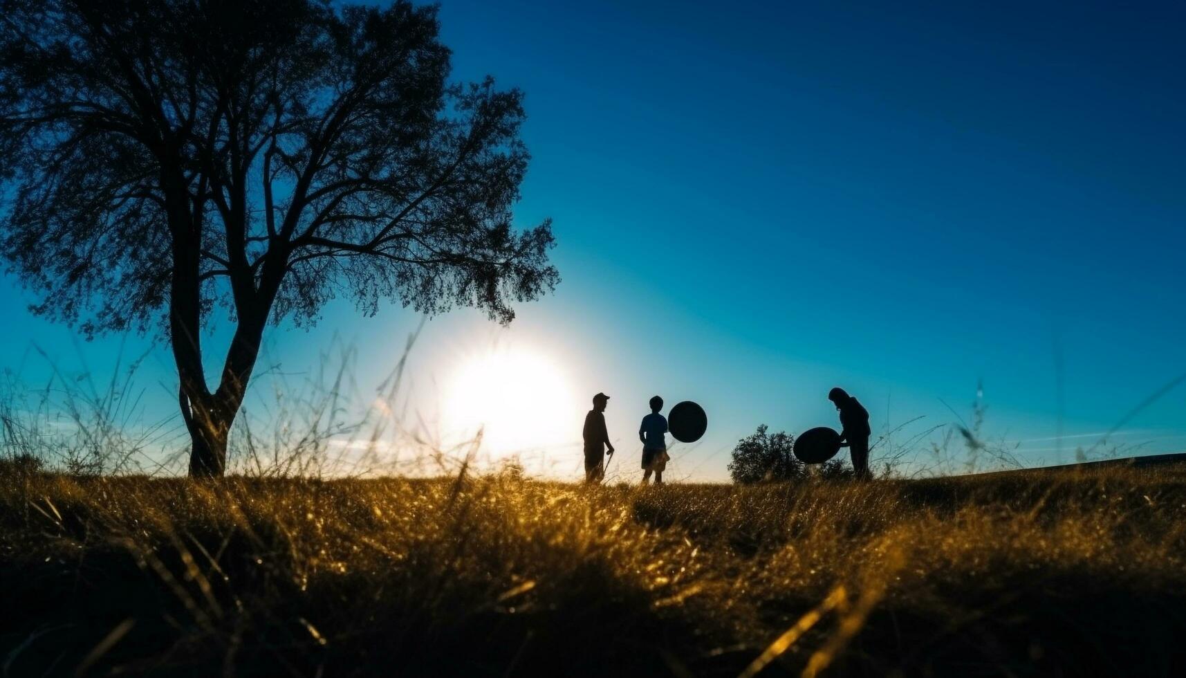 silhouetten wandelen in natuur, genieten van zonsondergang samen gegenereerd door ai foto