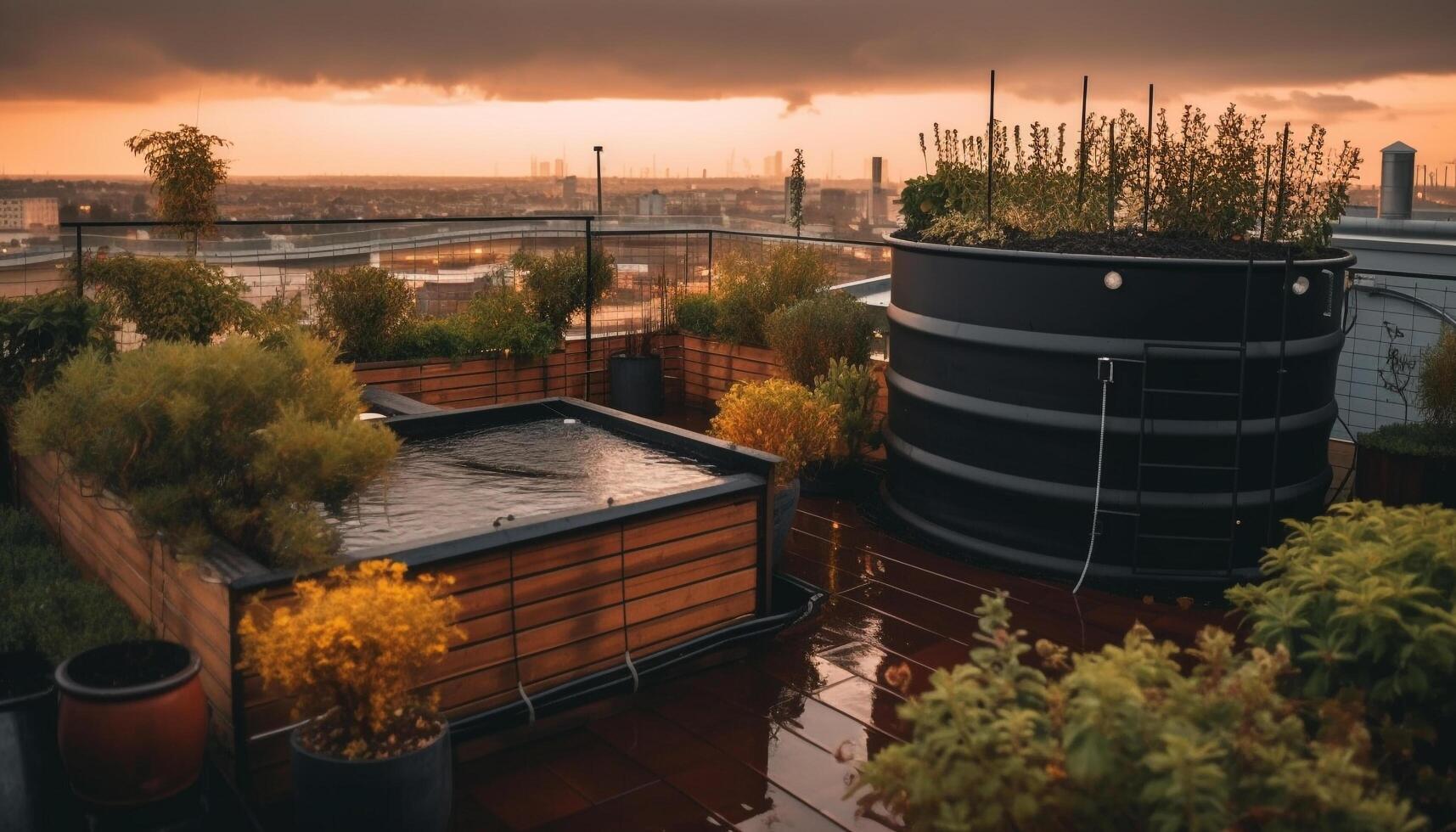 modern stad horizon weerspiegelt Aan kalmte water gegenereerd door ai foto