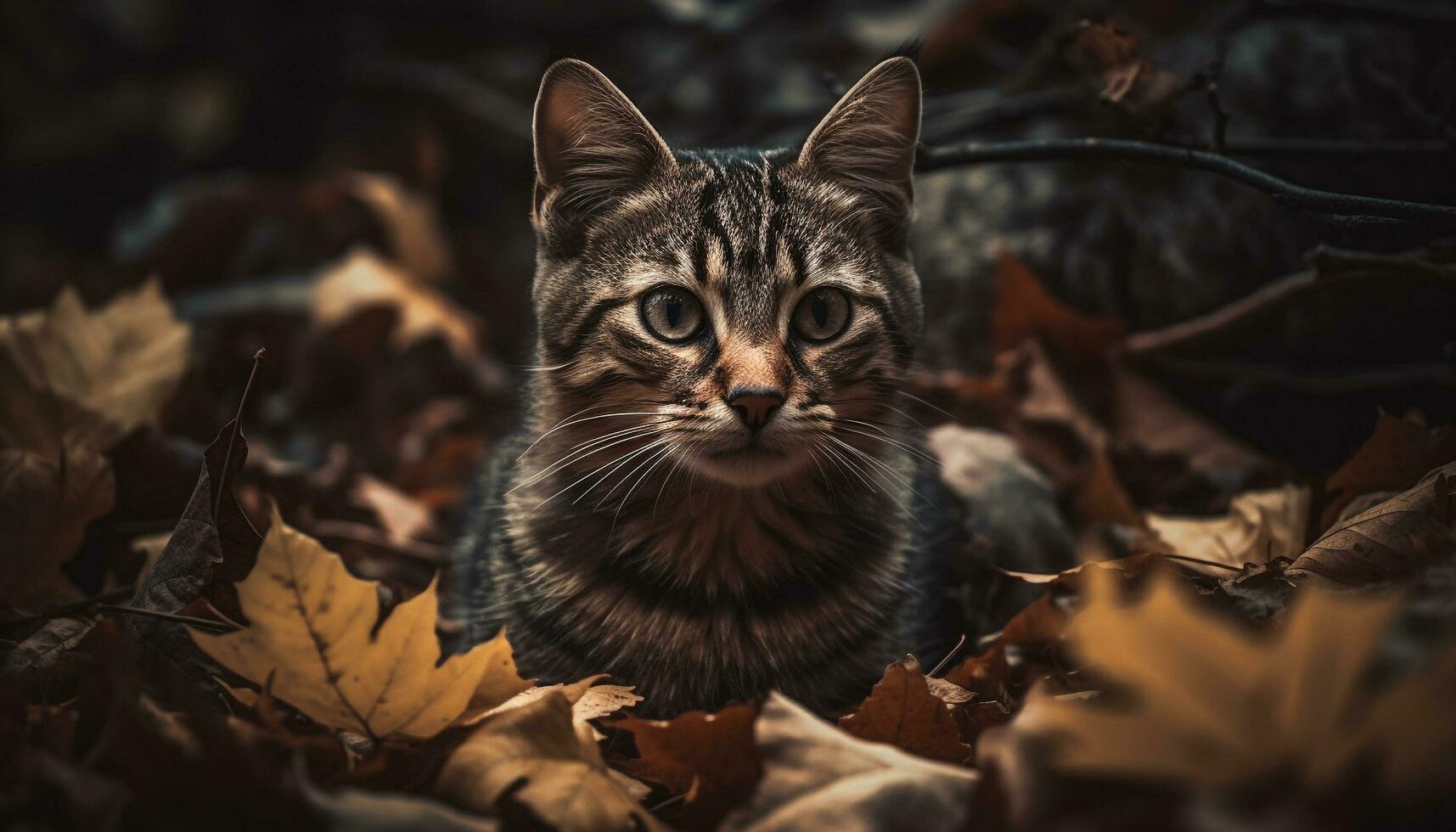 pluizig katje zit tussen herfst bladeren, speels gegenereerd door ai foto