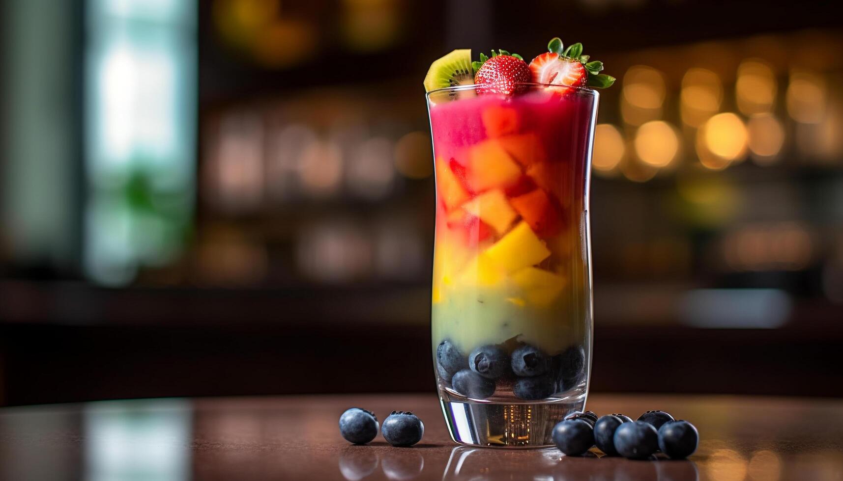 verfrissend fruit cocktail Aan houten tafel binnenshuis gegenereerd door ai foto