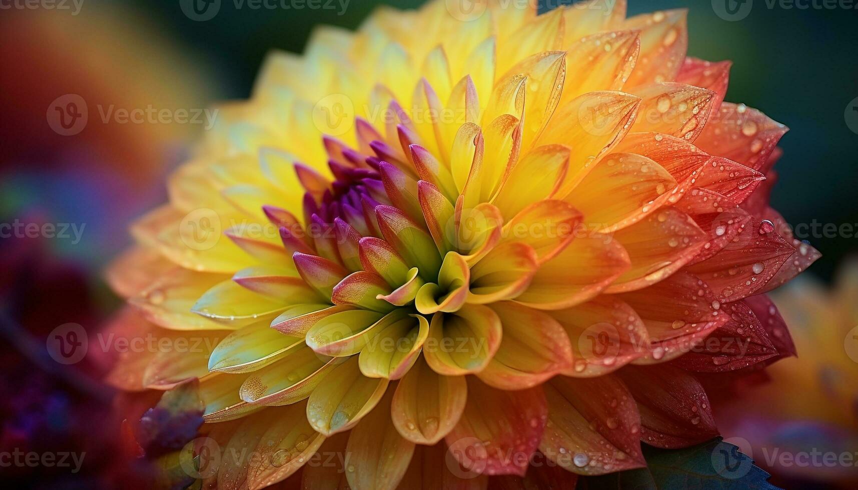 levendig bloemblaadjes van een multi gekleurde dahlia in een formeel tuin gegenereerd door ai foto