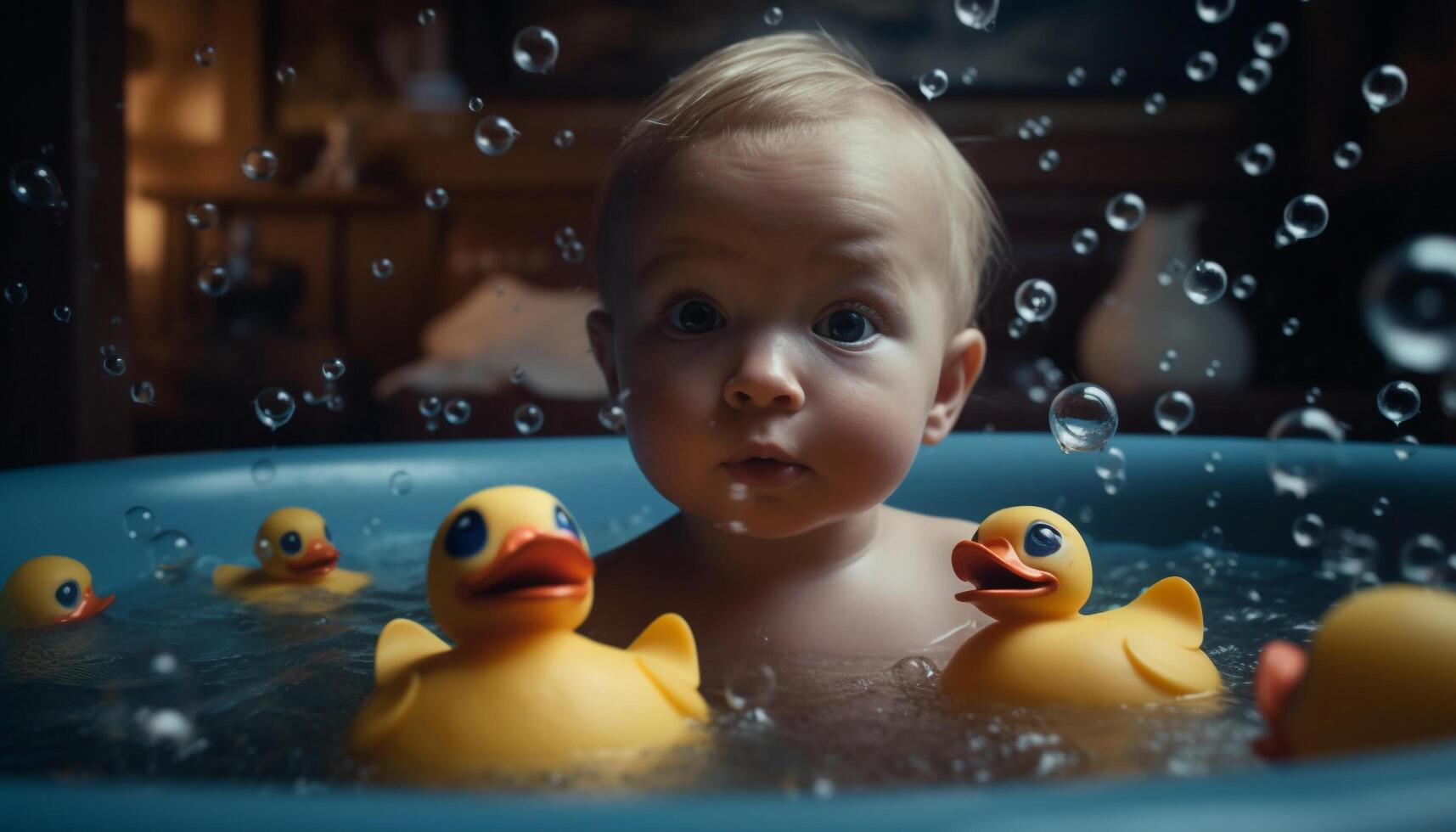 glimlachen baby jongen geniet speels bubbel bad in huiselijk badkamer gegenereerd door ai foto