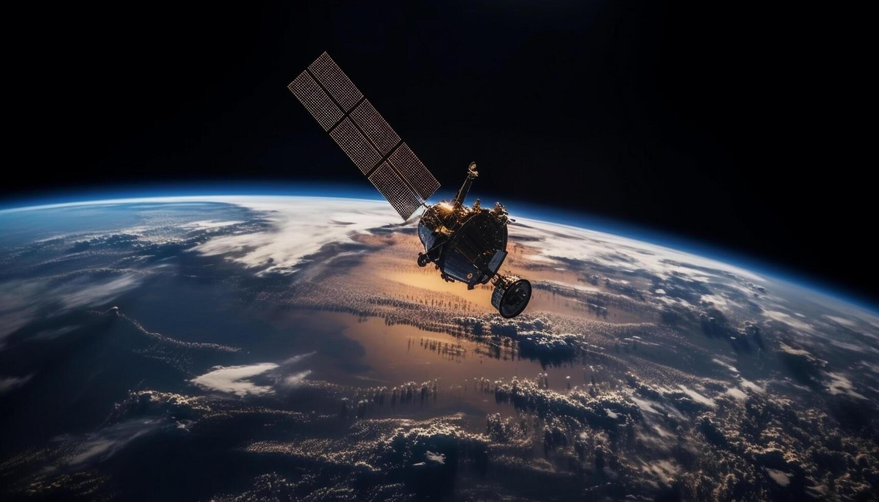 ruimteschip in een baan om de aarde planeet aarde, verkennen de heelal met Geavanceerd technologie gegenereerd door ai foto
