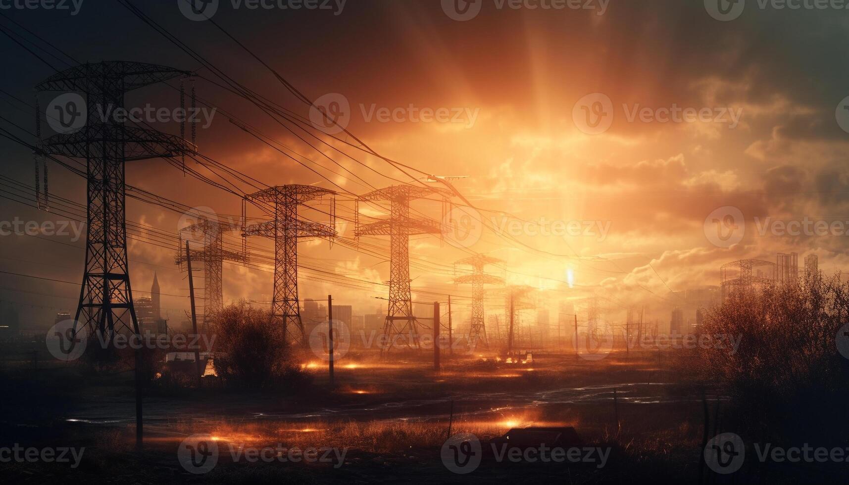 silhouet van elektriciteit pyloon tegen zonsondergang lucht, stroomvoorziening industrie vooruit gegenereerd door ai foto