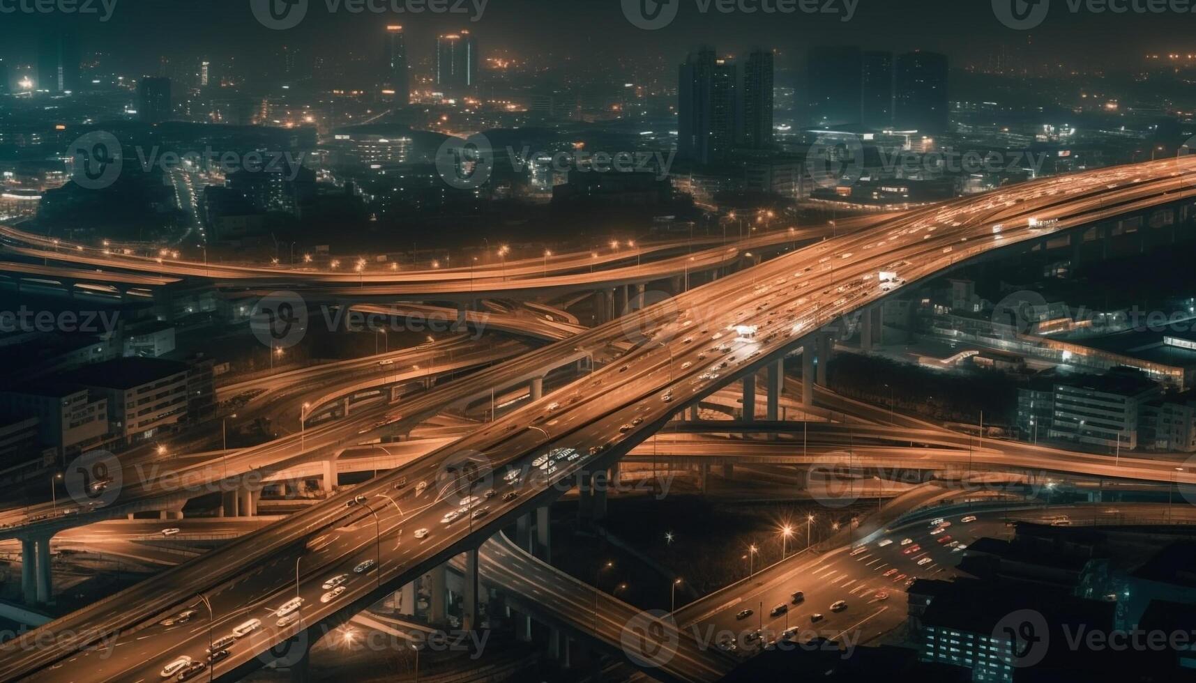 's nachts stormloop uur ontsteekt stad financieel wijk met gloeiend lichten gegenereerd door ai foto