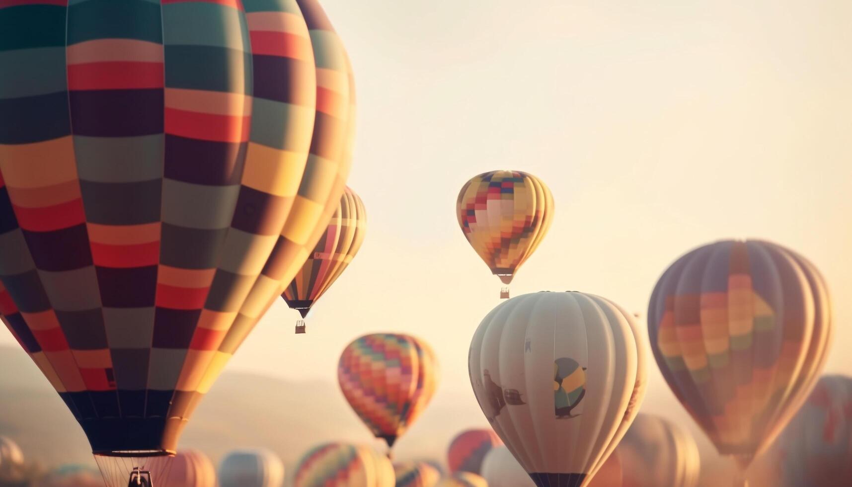 heet lucht ballon stijgt midden lucht, vervoeren avontuur zoekers naar vrijheid gegenereerd door ai foto