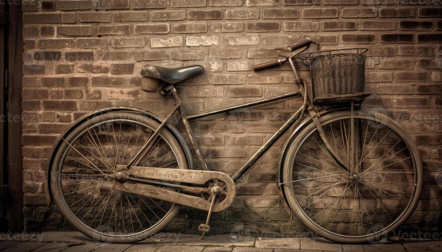 een oud fashioned roestig fiets met een mand tegen een steen muur gegenereerd door ai foto