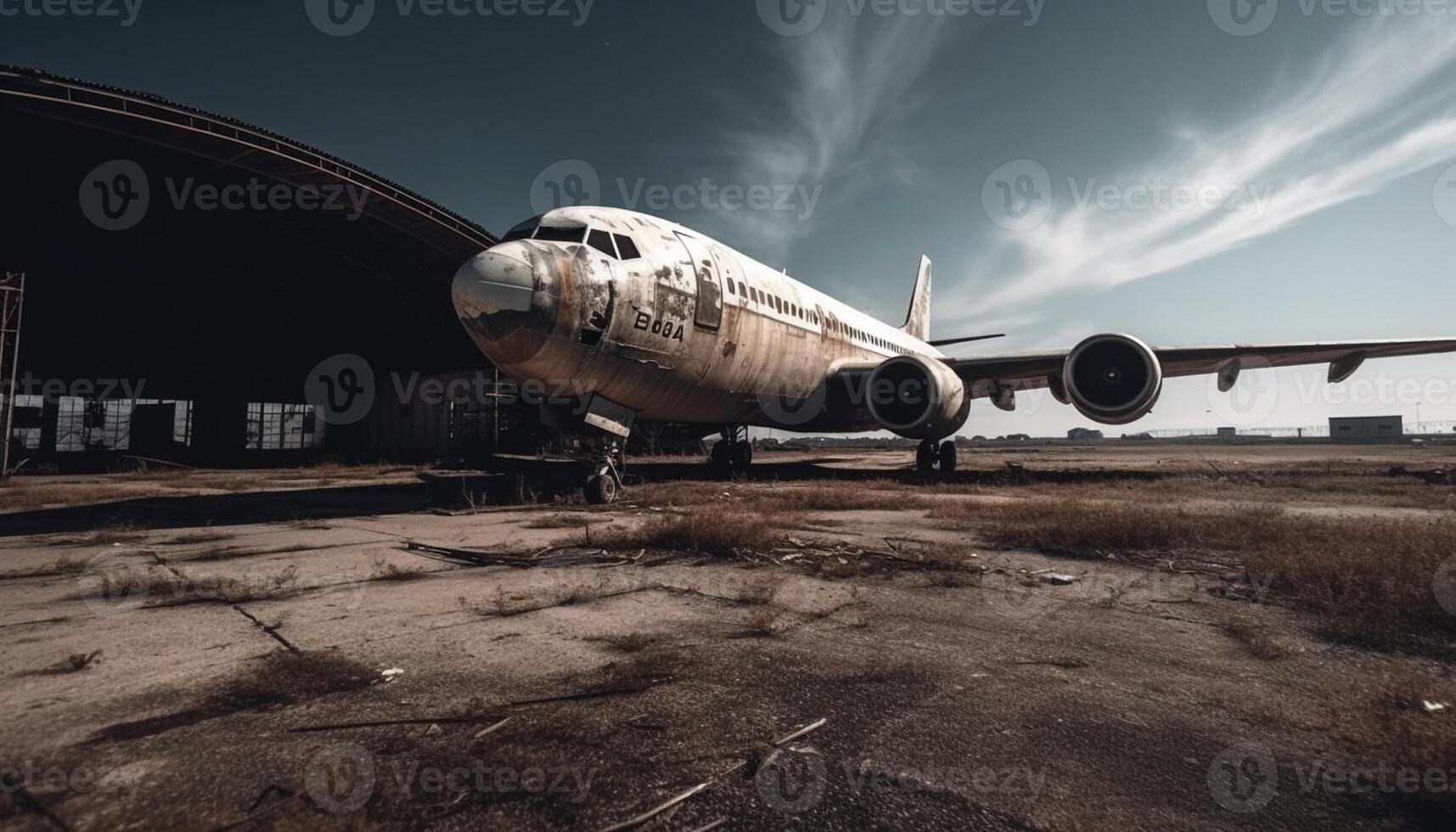 verlaten lading vliegtuig, beschadigd romp, midden lucht Gevaar, gebroken motor gegenereerd door ai foto