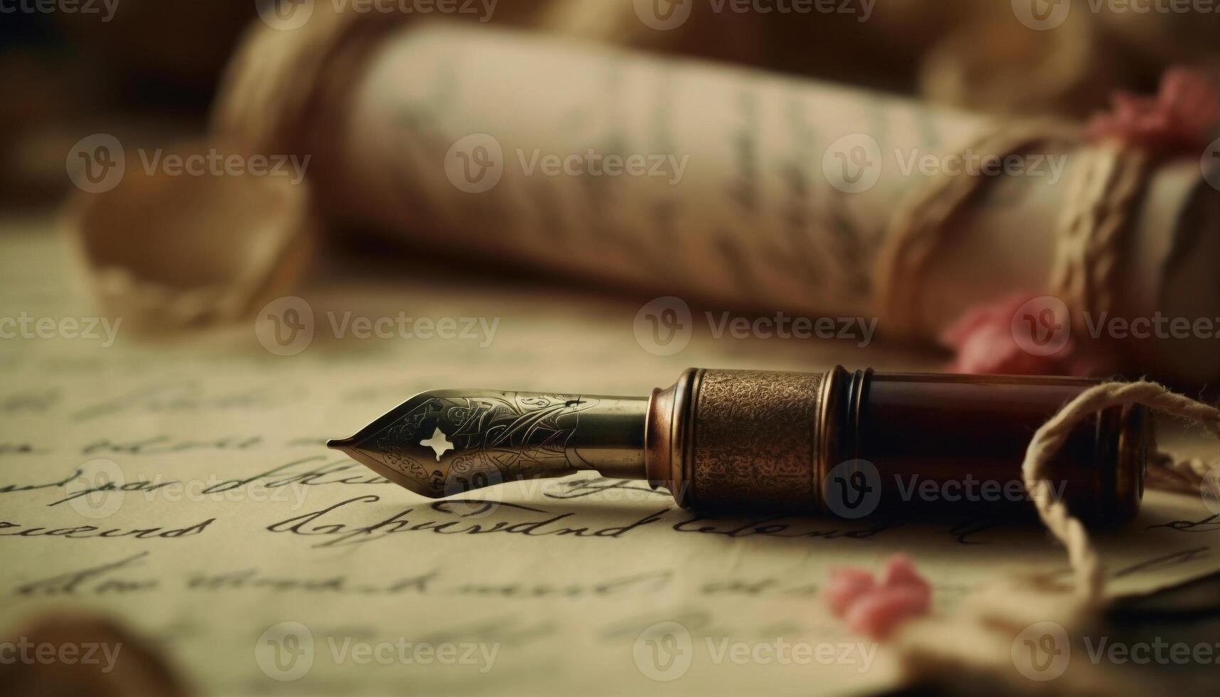antiek schacht pen Aan perkament, een rustiek nog steeds leven viering gegenereerd door ai foto