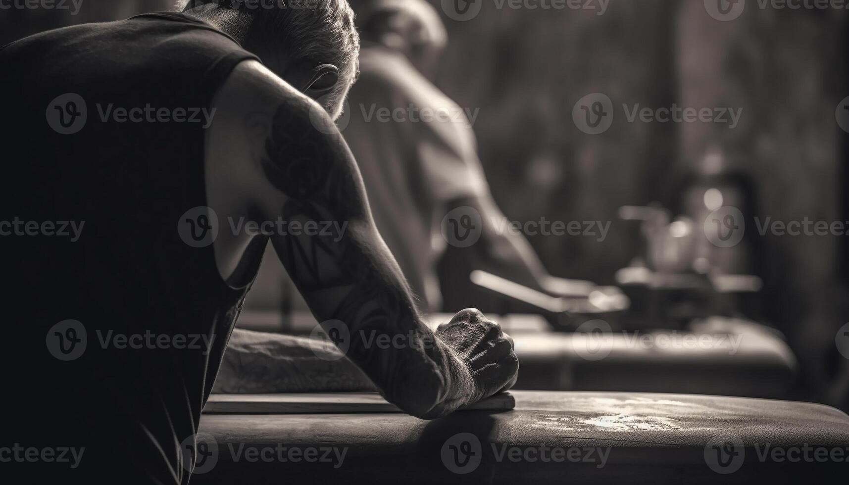 een gespierd volwassen atleet voorbereidingen treffen, scherpstellen Aan uitrusting voor sport gegenereerd door ai foto