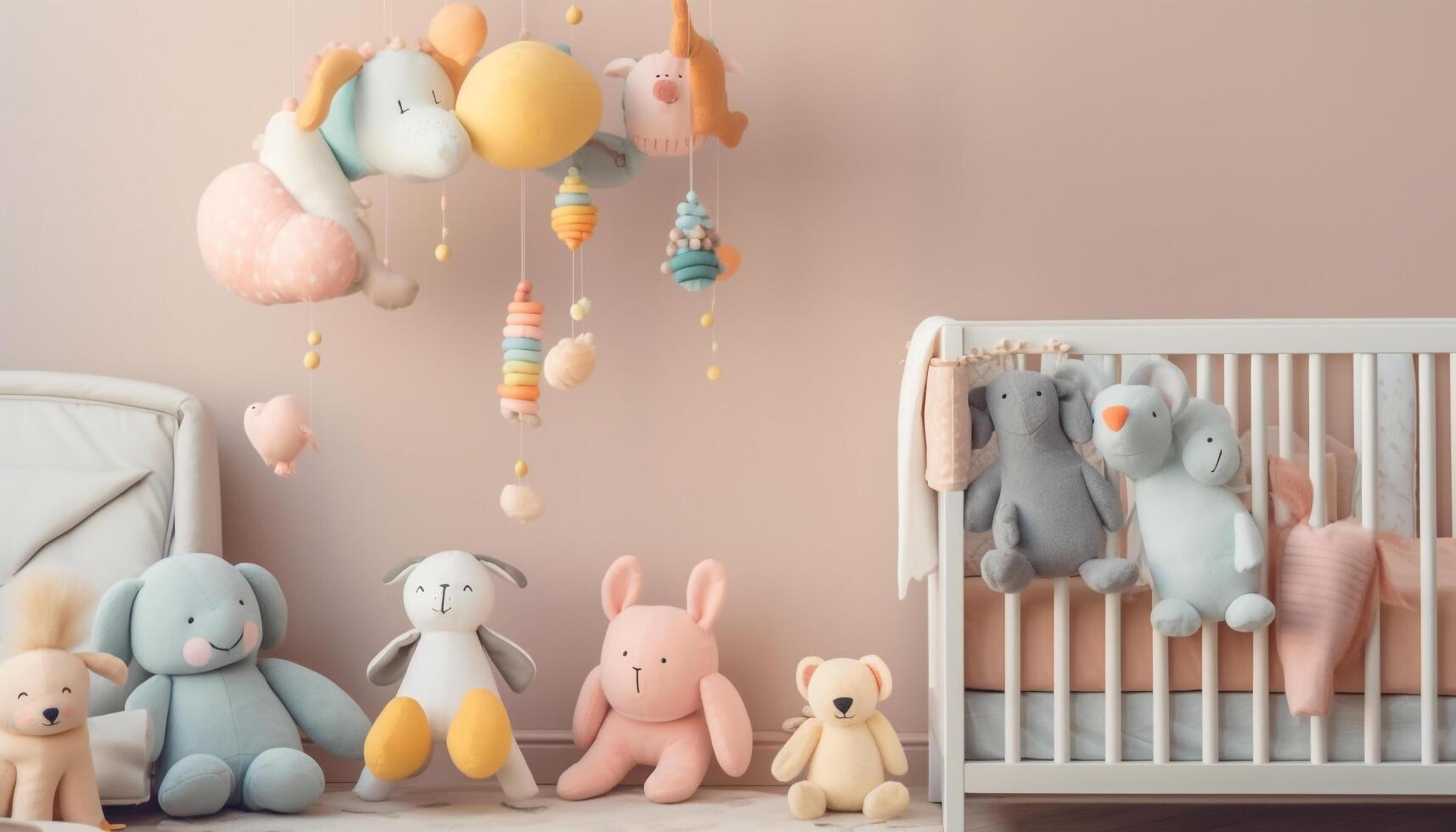schattig baby Toneelstukken met gevuld speelgoed- in kleurrijk kinderkamer decor gegenereerd door ai foto