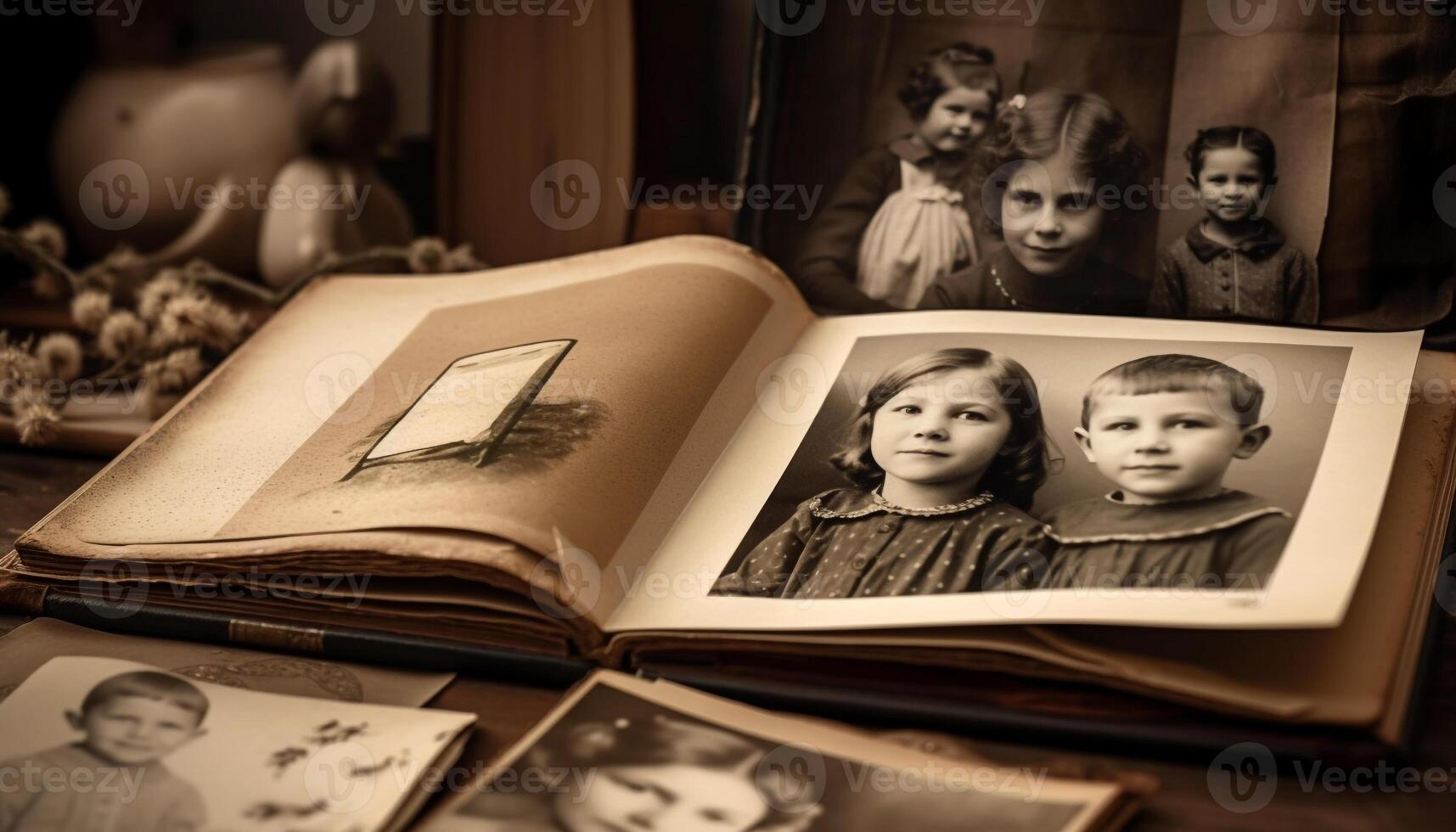 kinderjaren aan het leren in een oud fashioned bibliotheek, zwart en wit portret gegenereerd door ai foto