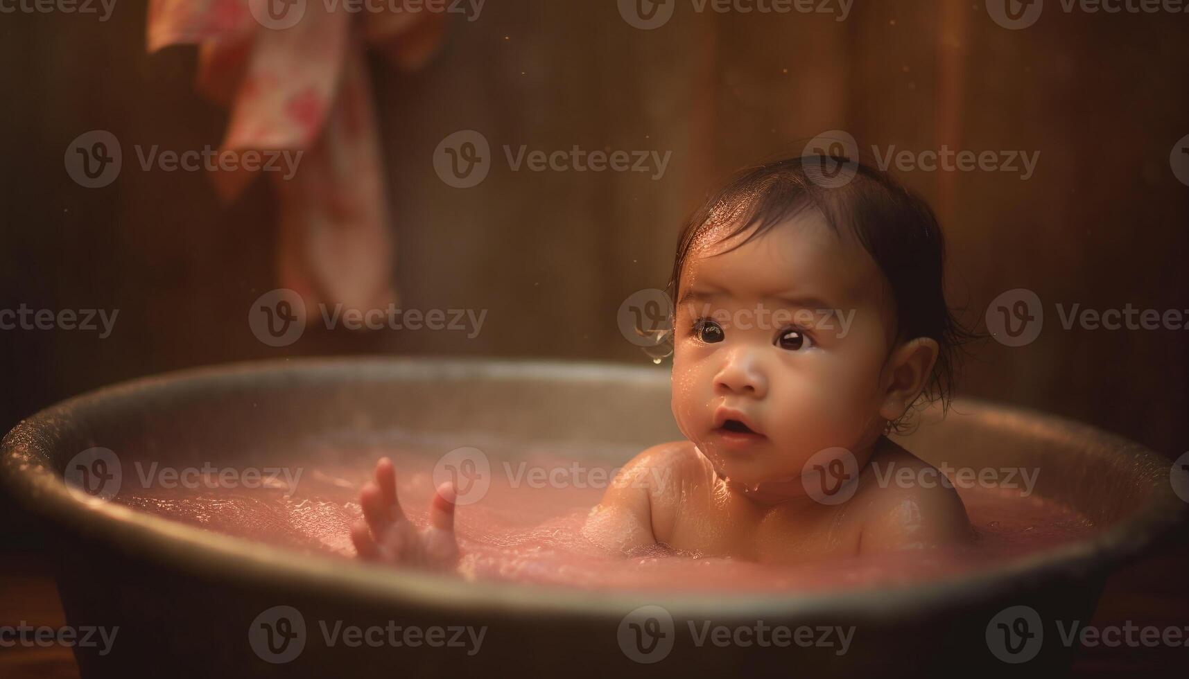 vrolijk baby geniet bubbel bad in schoon huiselijk badkamer gegenereerd door ai foto