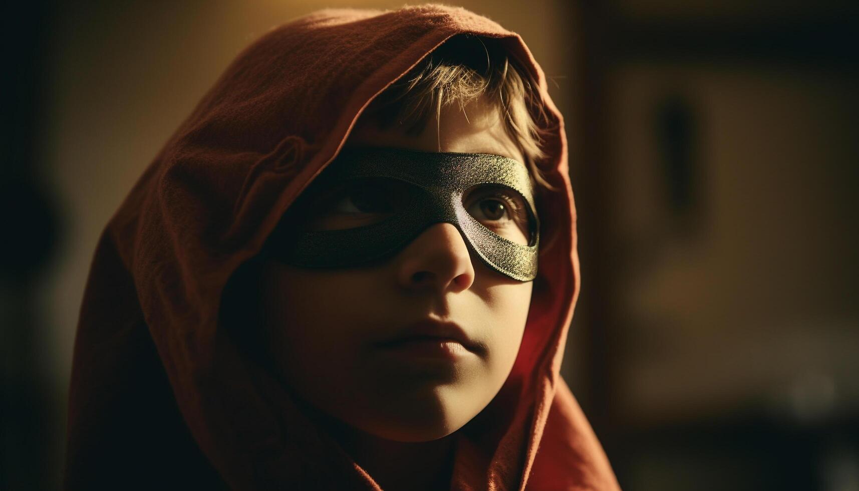 speels kind in kostuum verbergt achter masker voor halloween pret gegenereerd door ai foto