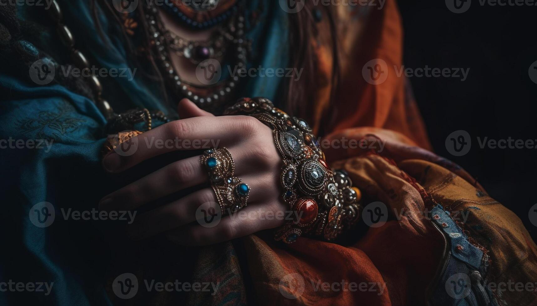 een vrouw Holding glimmend sieraden, presentatie van elegantie en schoonheid gegenereerd door ai foto