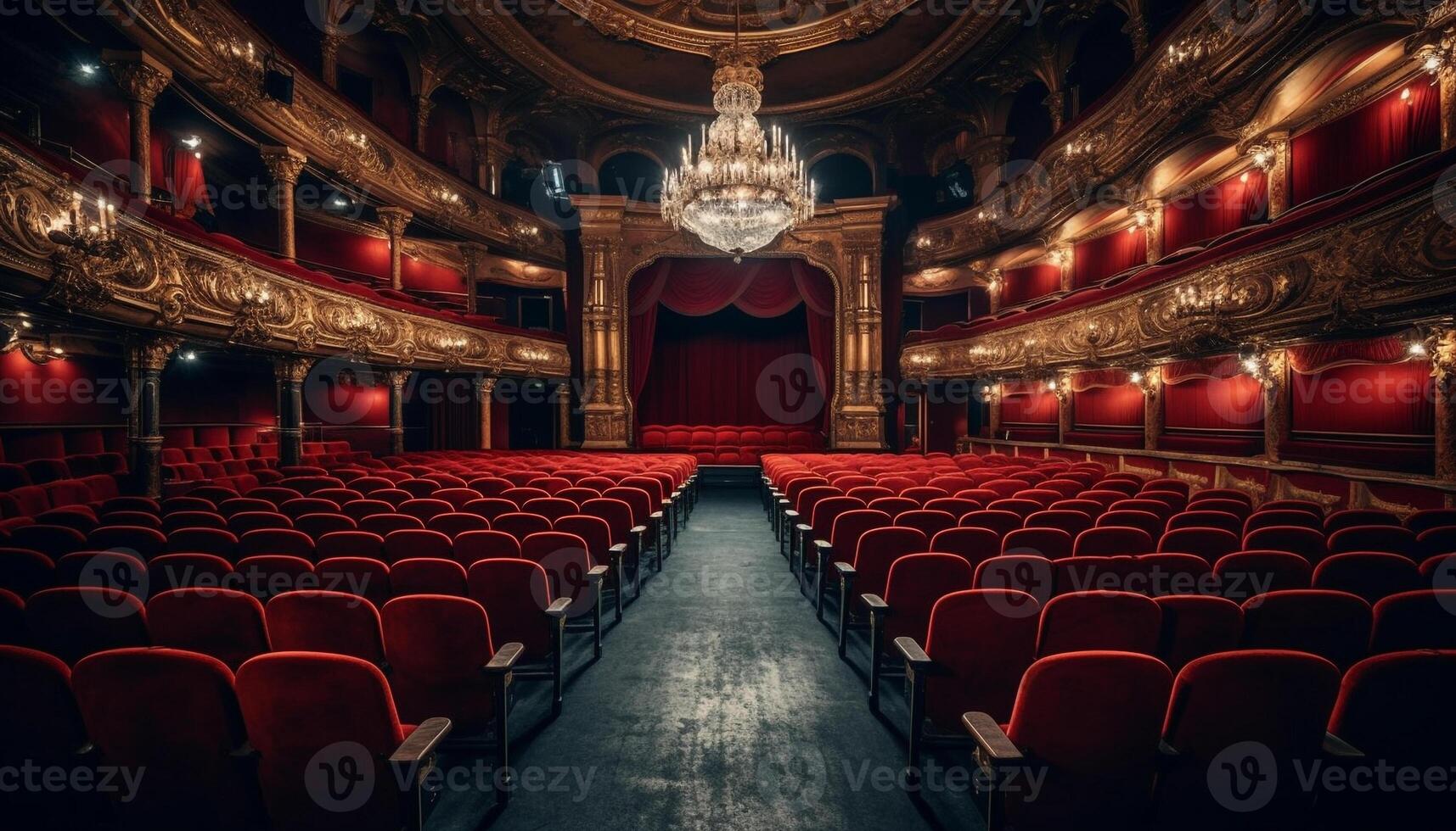 leeg auditorium verlichte door modern verlichting apparatuur, in afwachting theatraal prestatie gegenereerd door ai foto