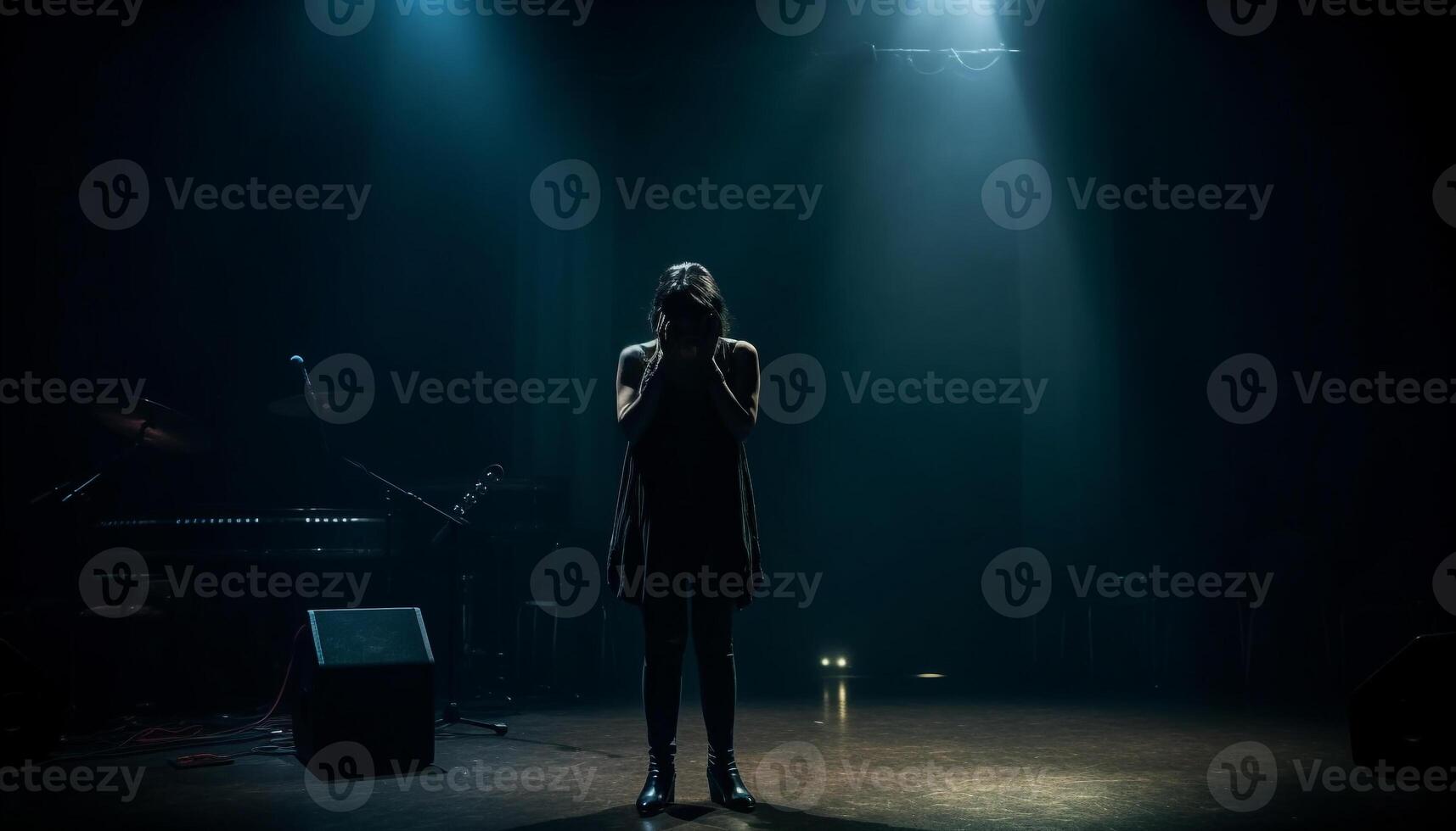 een musicus staat in schijnwerper, verlicht, het zingen rots muziek- gegenereerd door ai foto