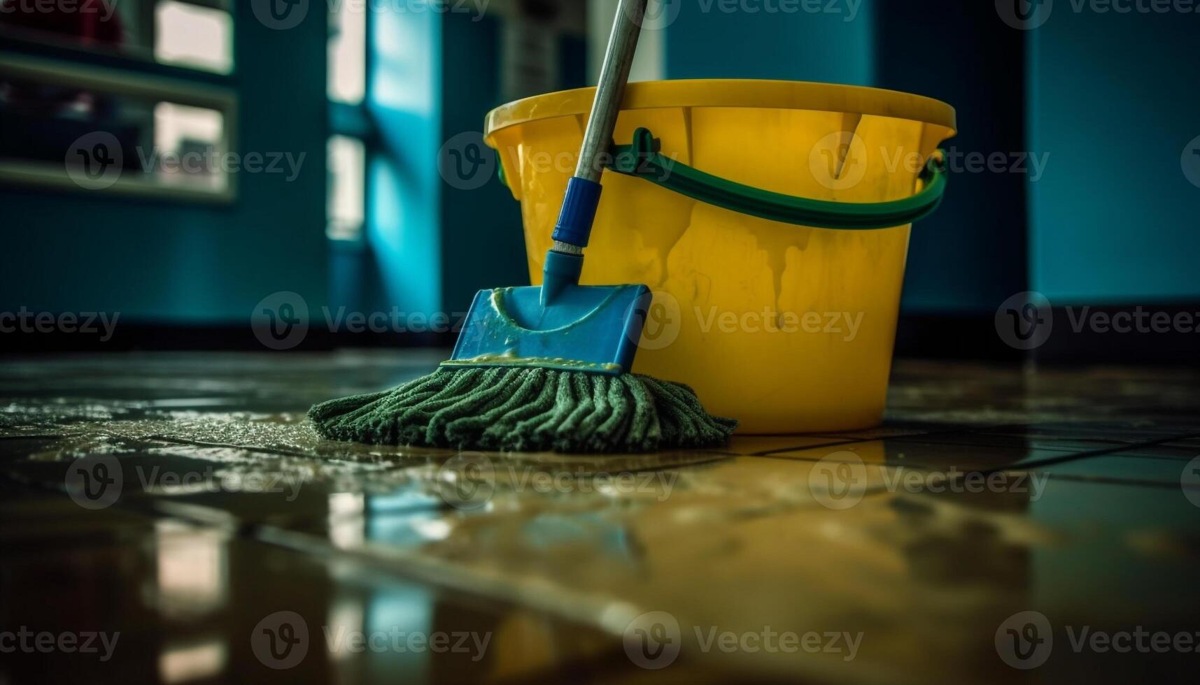 blauw plastic dweilen emmer weerspiegelt rommelig huiselijk leven schoonmaak uitrusting gegenereerd door ai foto