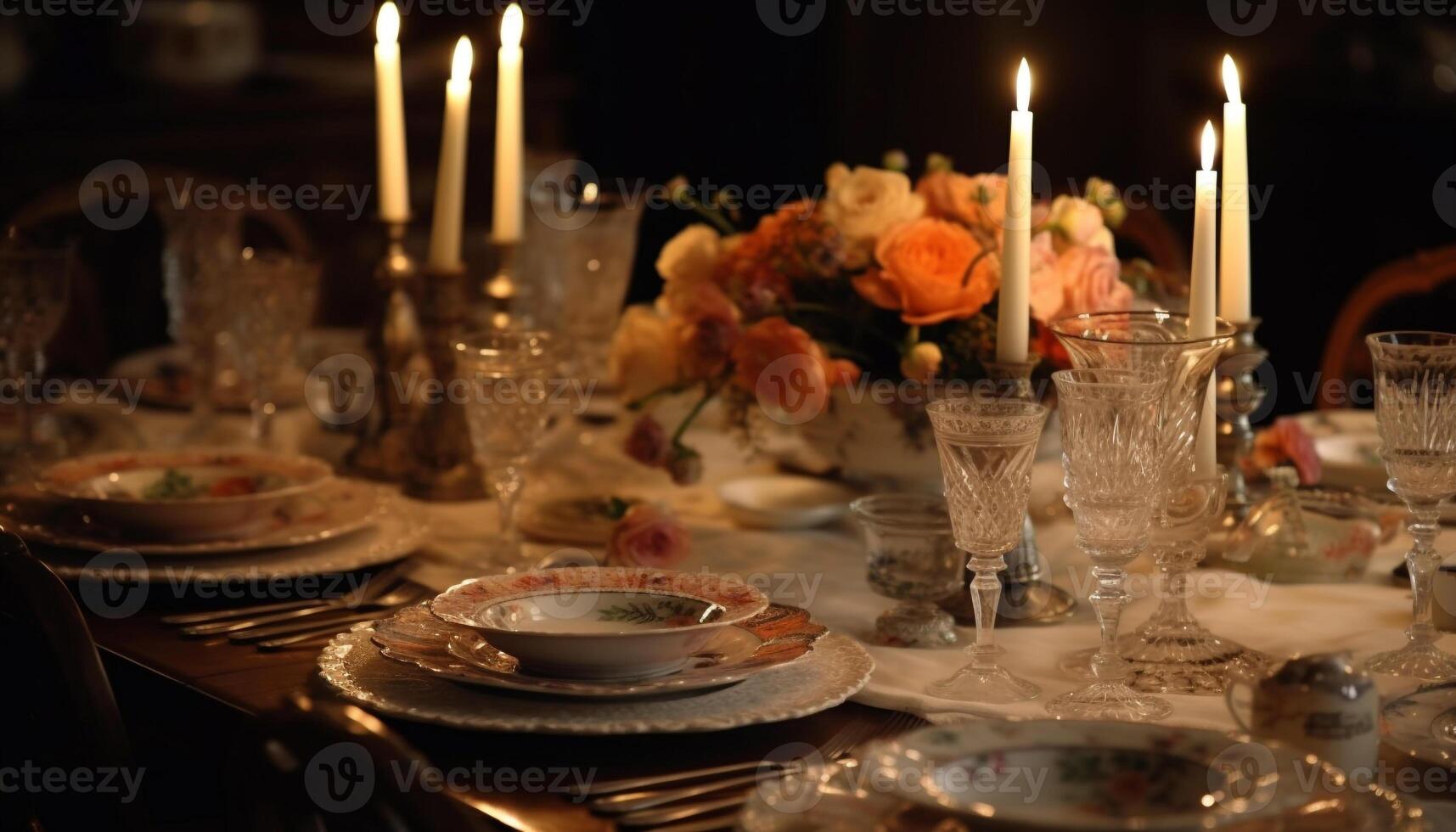 elegant bruiloft banket met overladen zilverwerk, kaarslicht, en luxueus decor gegenereerd door ai foto