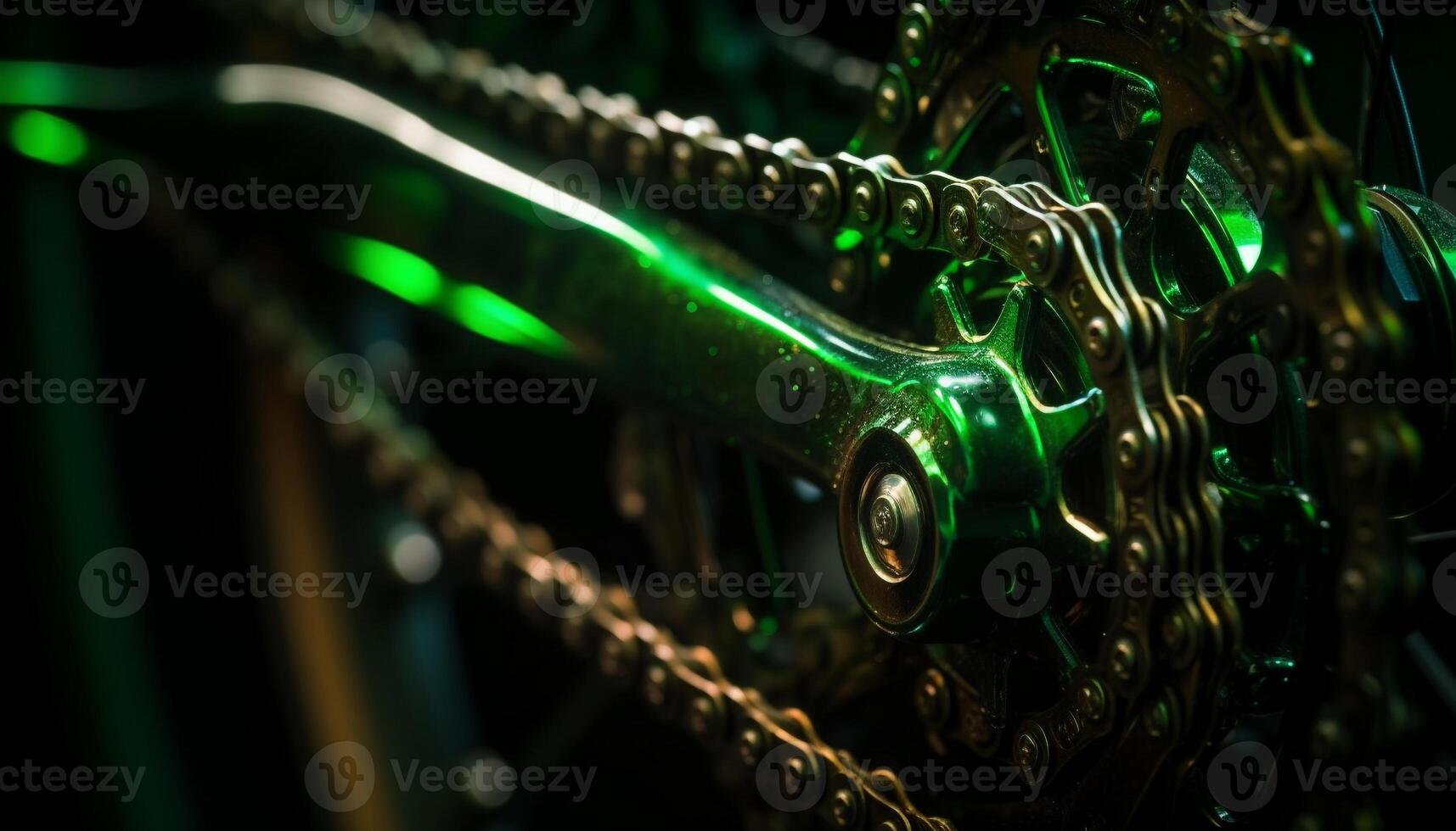 glimmend chroom fiets keten weerspiegelt abstract beweging in buitenshuis prestatie gegenereerd door ai foto