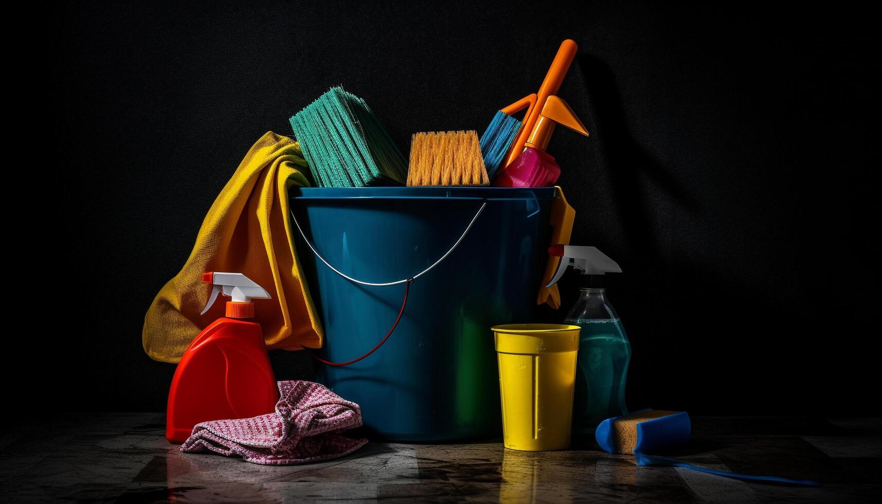 een kleurrijk verzameling van schoonmaak gereedschap voor huishouden klusjes gegenereerd door ai foto